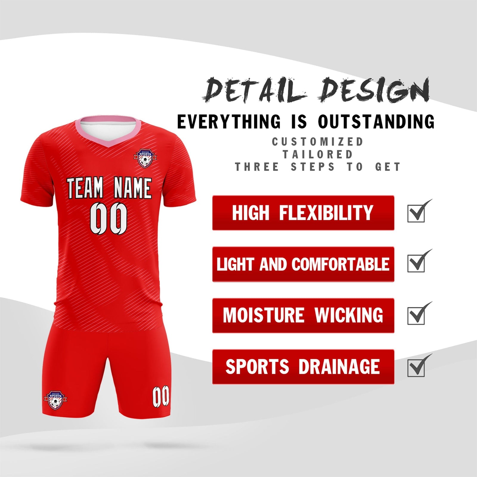 Custom Red Light Pink Training Uniform For Men Soccer Sets Jersey