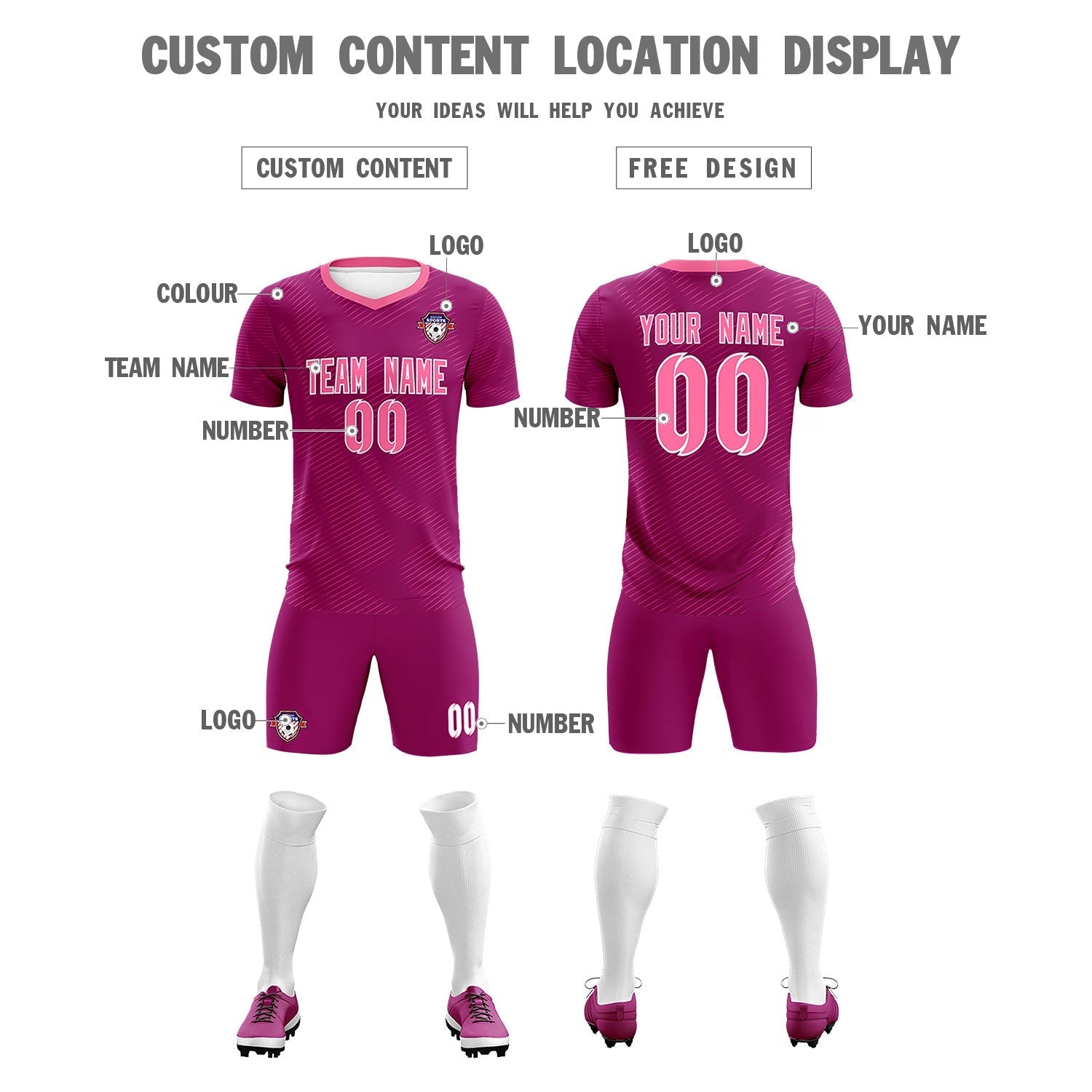 Custom Rose Red Pink Training Uniform For Men Soccer Sets Jersey