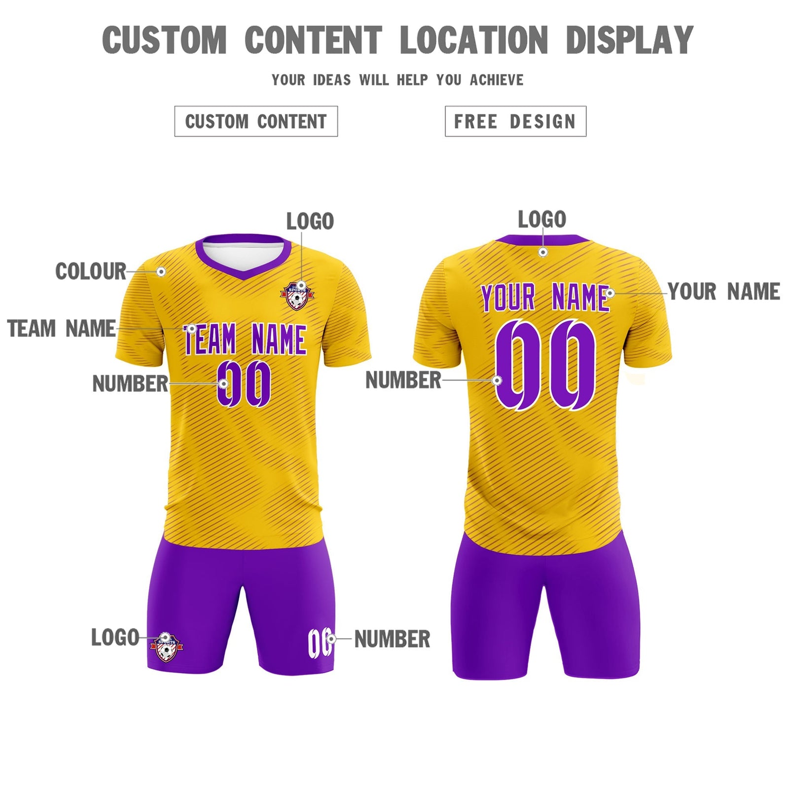 Custom Gold Purple Training Uniform For Men Soccer Sets Jersey