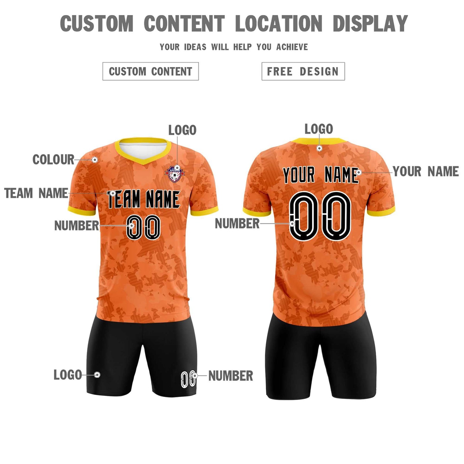 Custom Orange Camo sports Soccer Tops/Sets Jersey