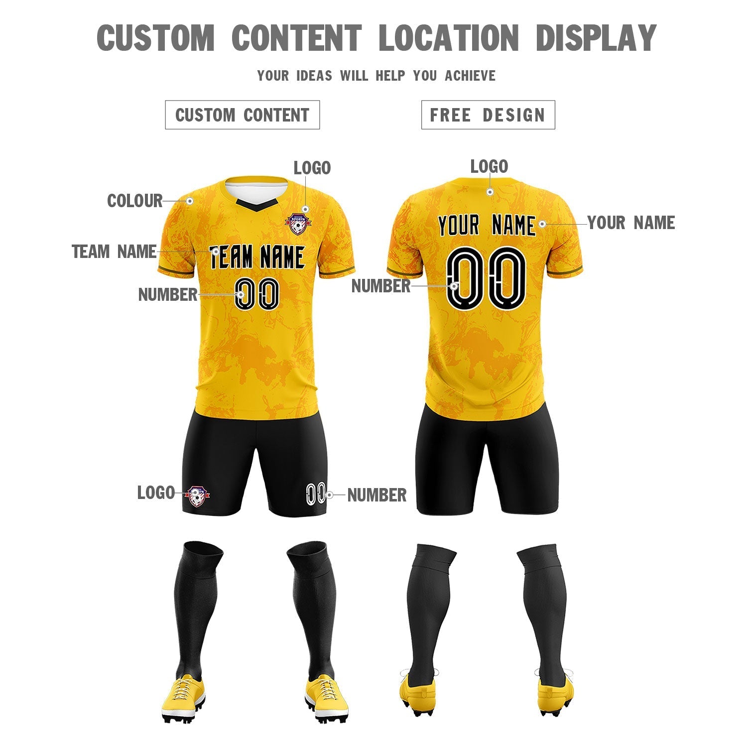 Custom Gold Classic Graffiti Pattern Sportswear Soccer Tops/Sets Jersey