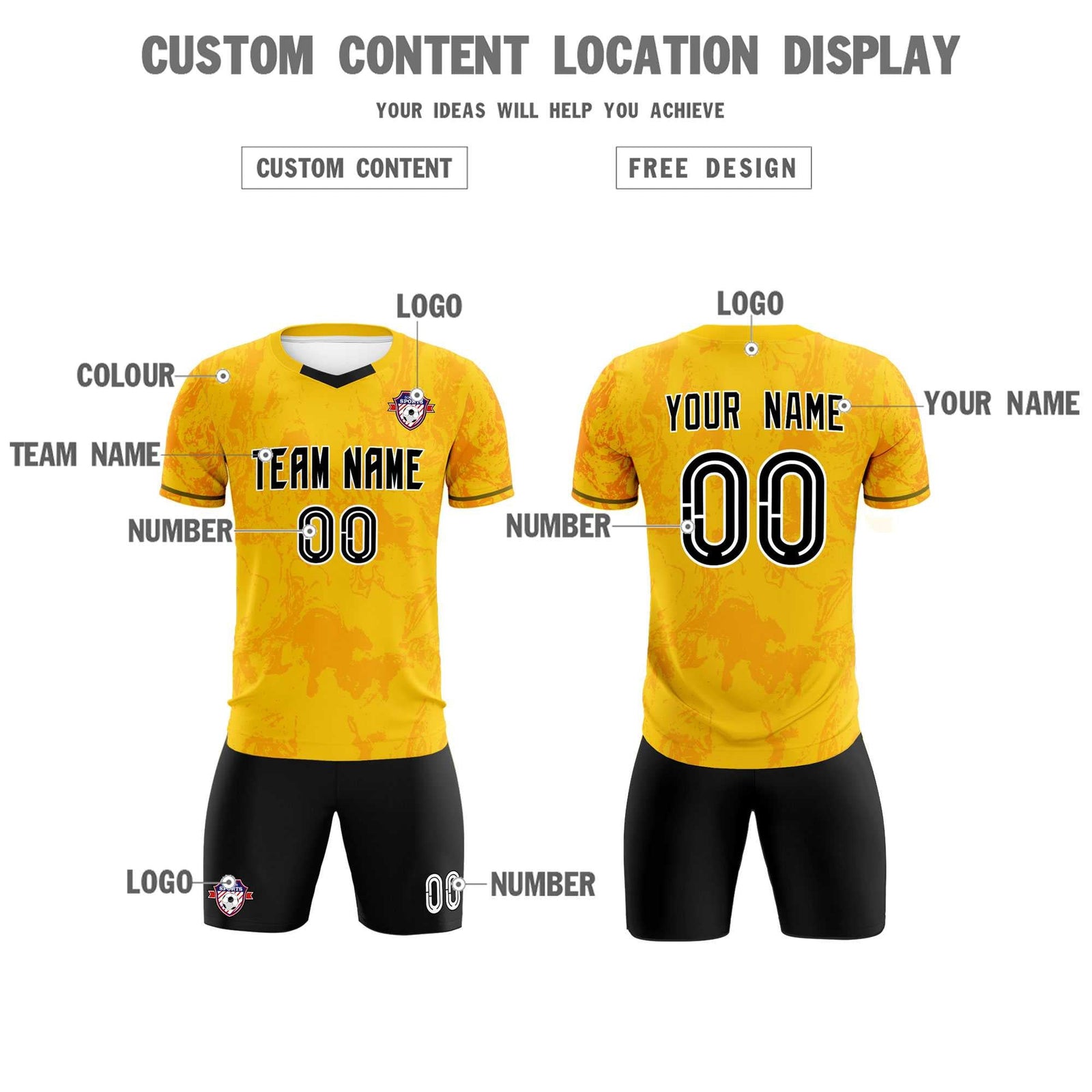 Custom Gold Classic Graffiti Pattern Sportswear Soccer Tops/Sets Jersey