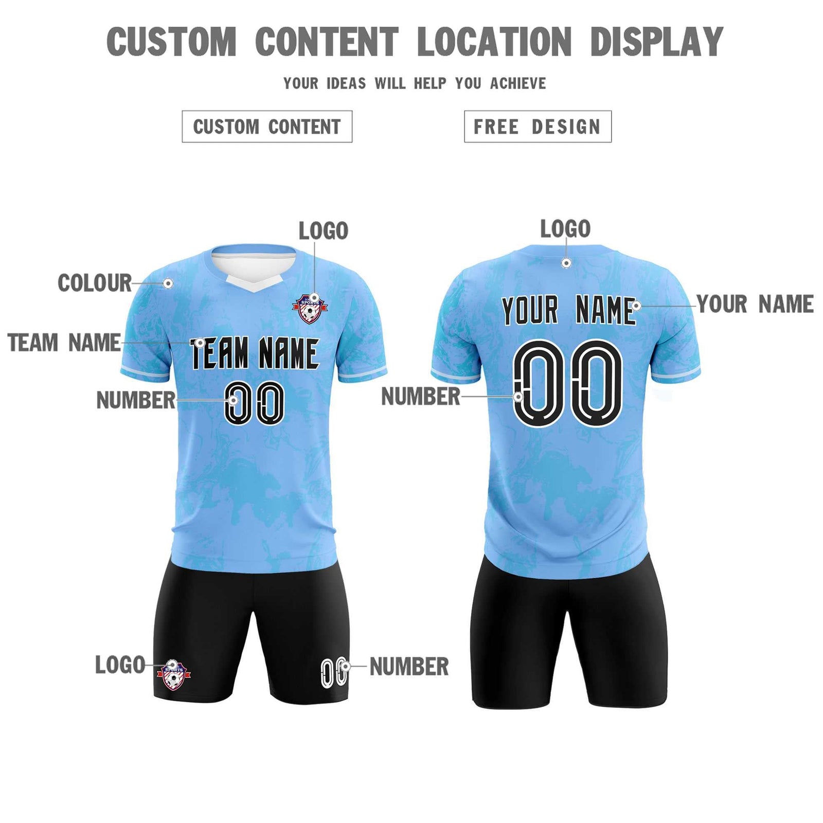 Custom Light Blue Classic Graffiti Pattern Sportswear Soccer Tops/Sets Jersey