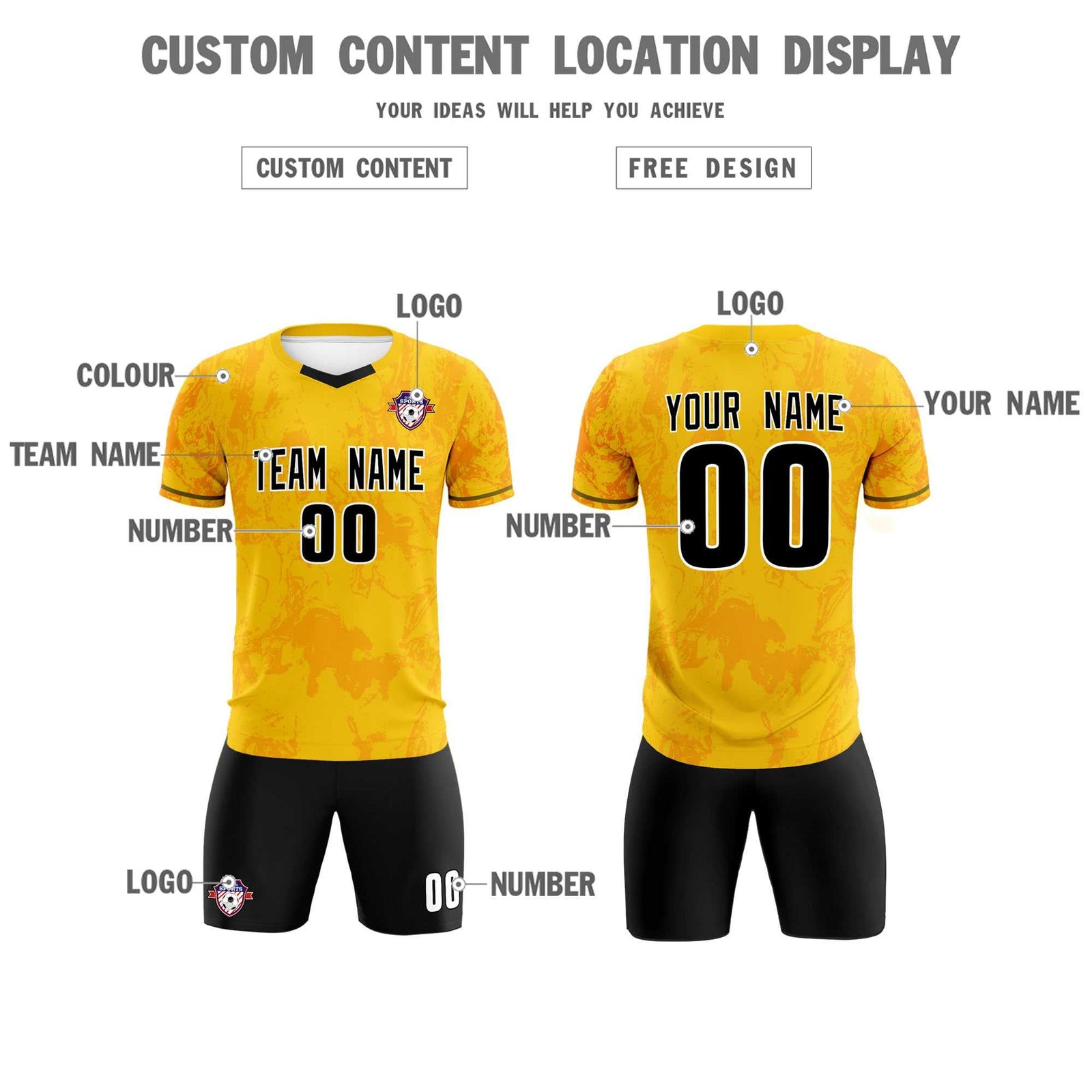 Custom Gold Classic Graffiti Pattern Sportswear Soccer Tops/Sets Jersey