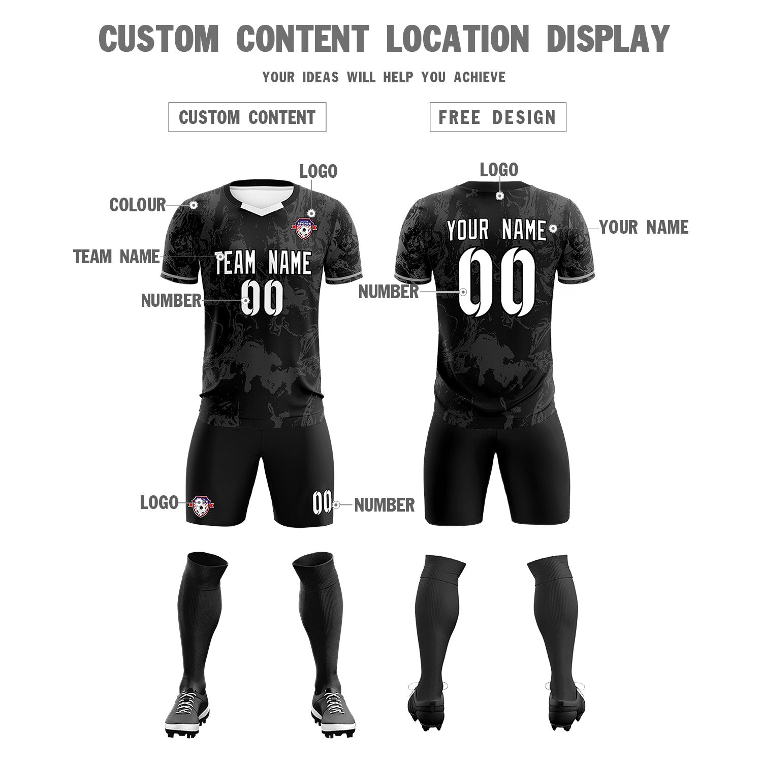Custom Black Classic Graffiti Pattern Sportswear Soccer Tops/Sets Jersey