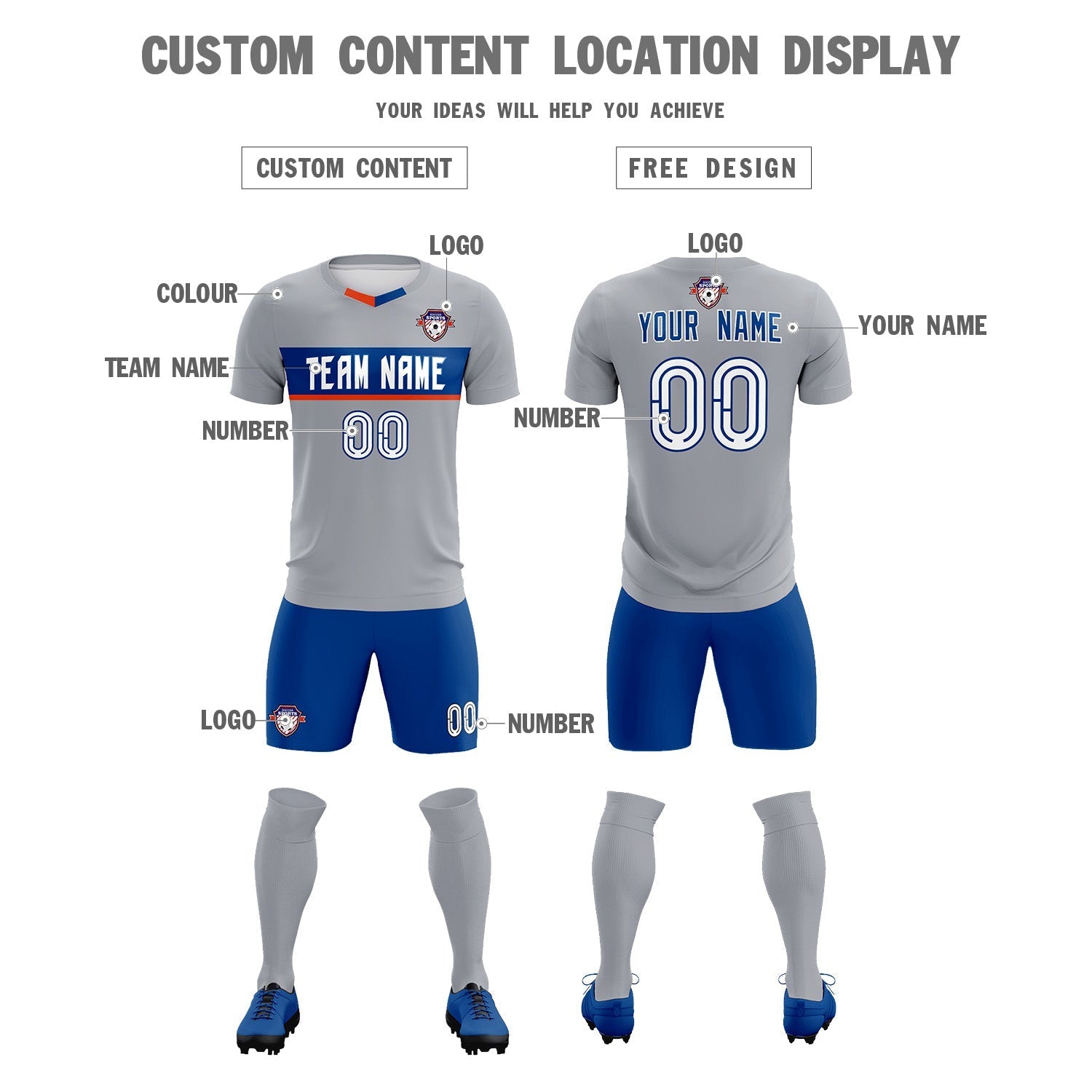 Custom Gray Classic Sports Sets Soccer Shirt Jersey