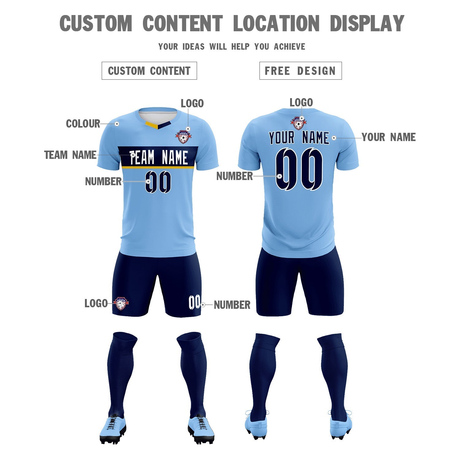 Custom Light Blue Classic Sports Sets Soccer Shirt Jersey