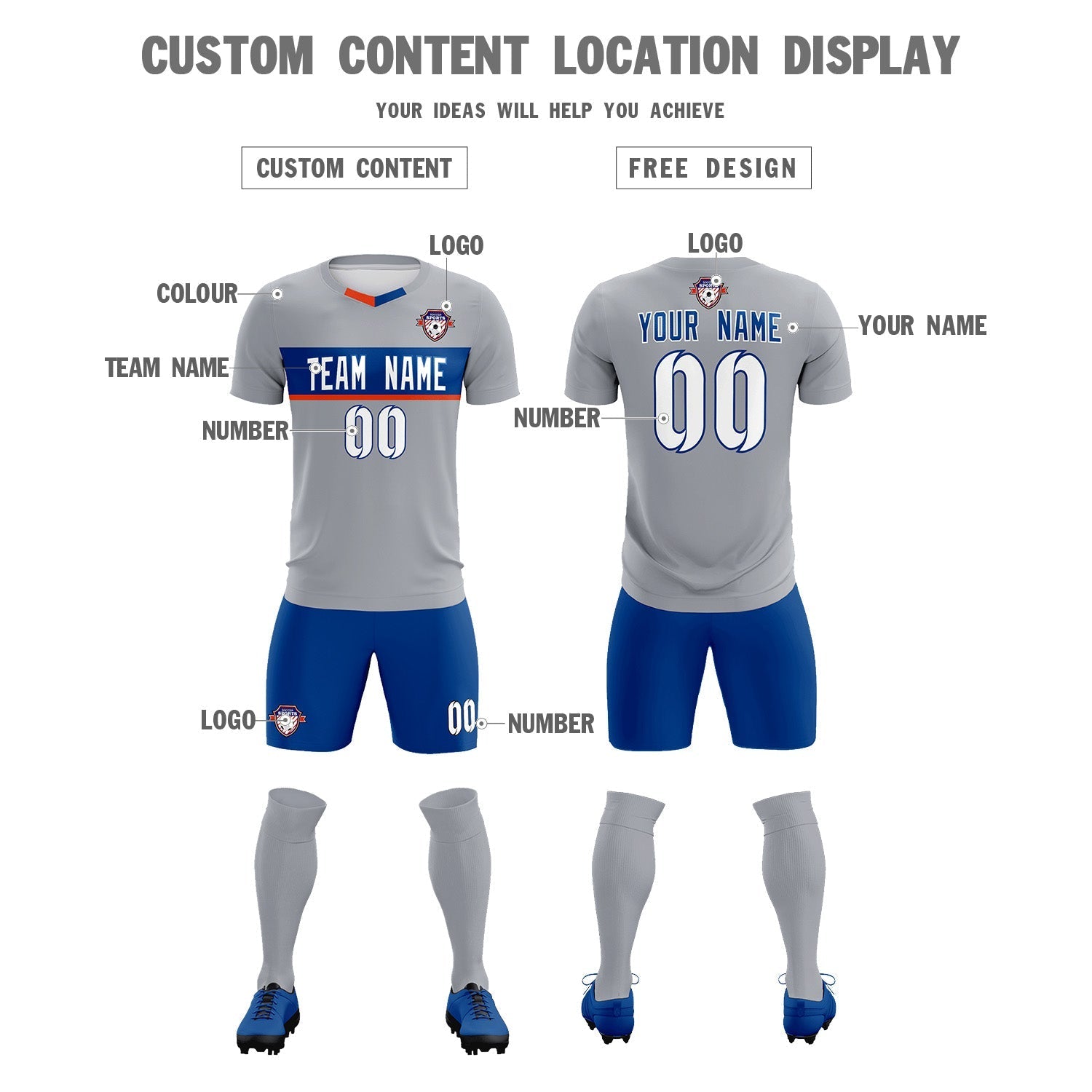 Custom Gray Classic Sports Sets Soccer Shirt Jersey