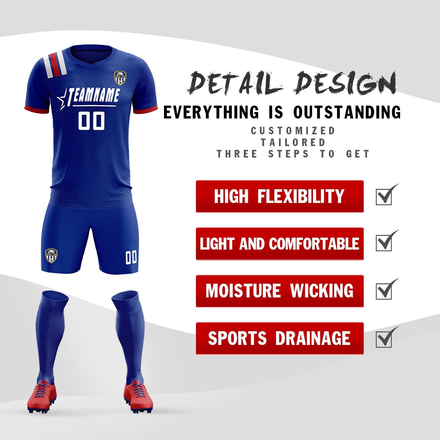 Custom Royal Striped Sportswear Soccer Tops/Sets Jersey For Adults