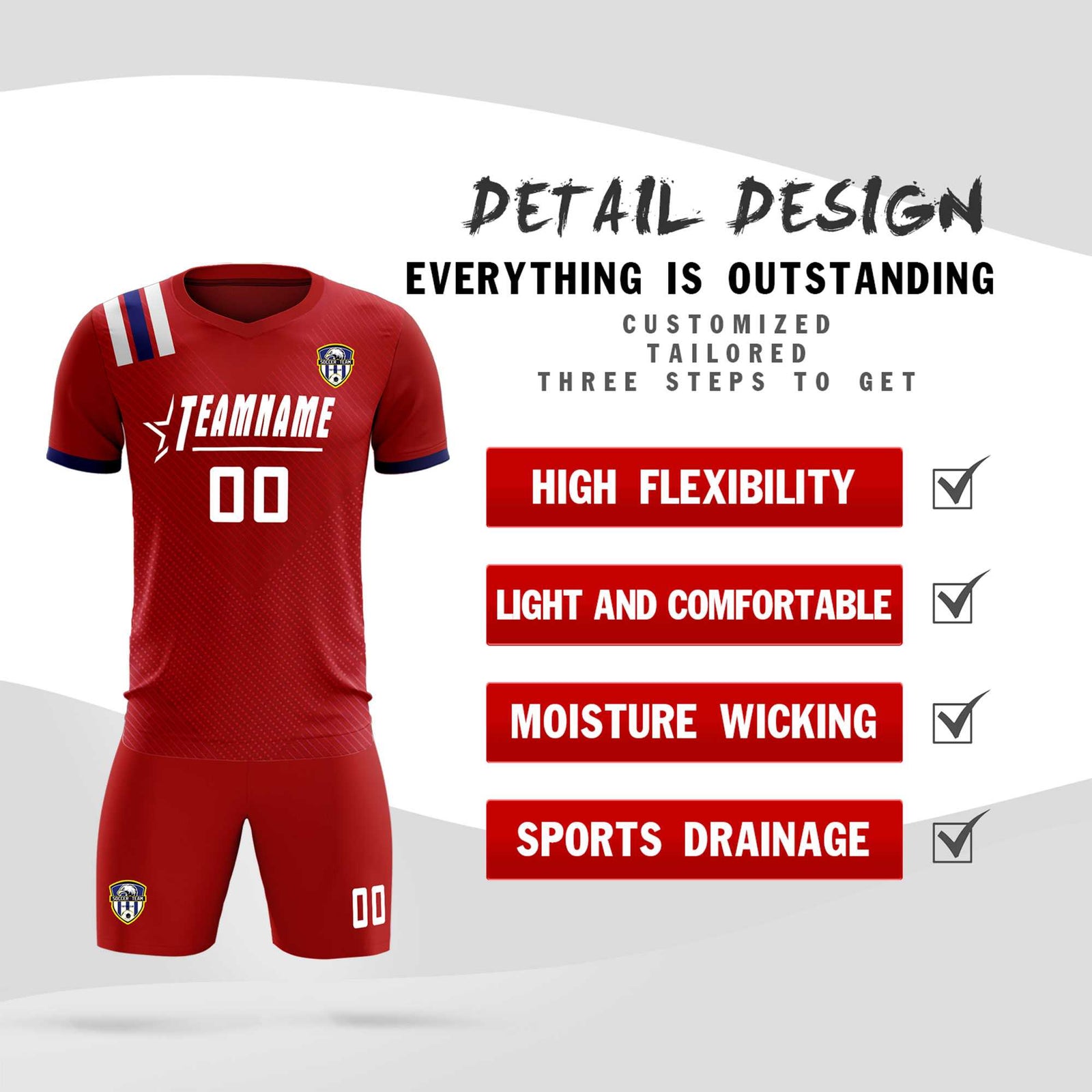 Custom Red Striped Sportswear Soccer Tops/Sets Jersey For Adults