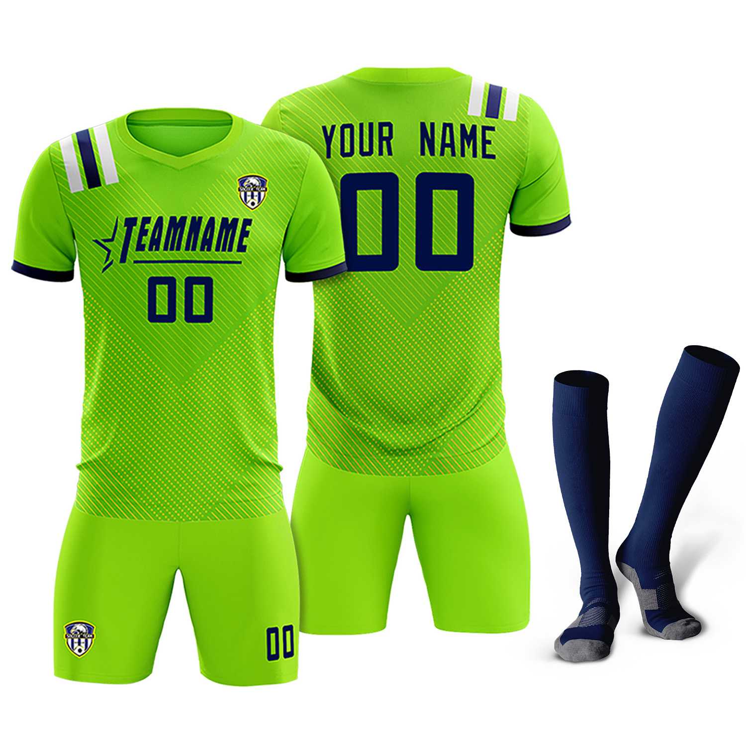 Custom Neon Green Striped Sportswear Soccer Tops/Sets Jersey For Adults