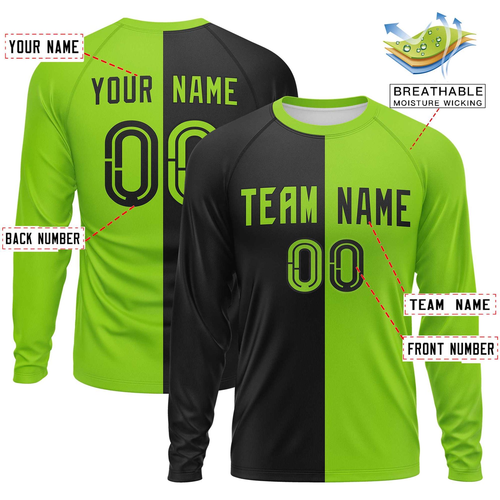 Custom Black Neon Green Neck Split Design Long Sleeve Performance T-Shirt