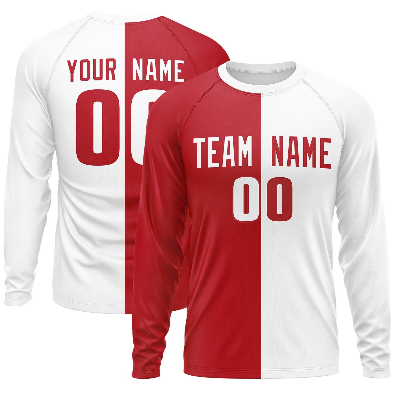 Custom Red White Neck Split Design Long Sleeve Performance T-Shirt