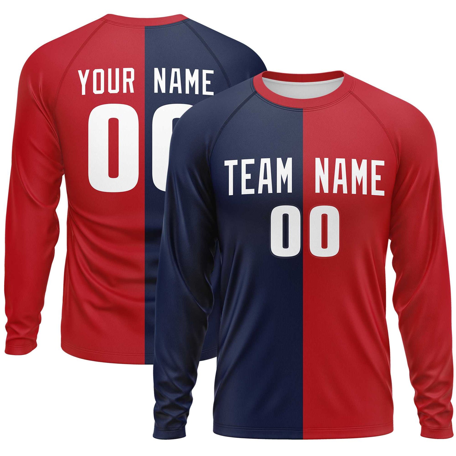 Custom Navy Red Crew Neck Split Design Long Sleeve Performance T-Shirt