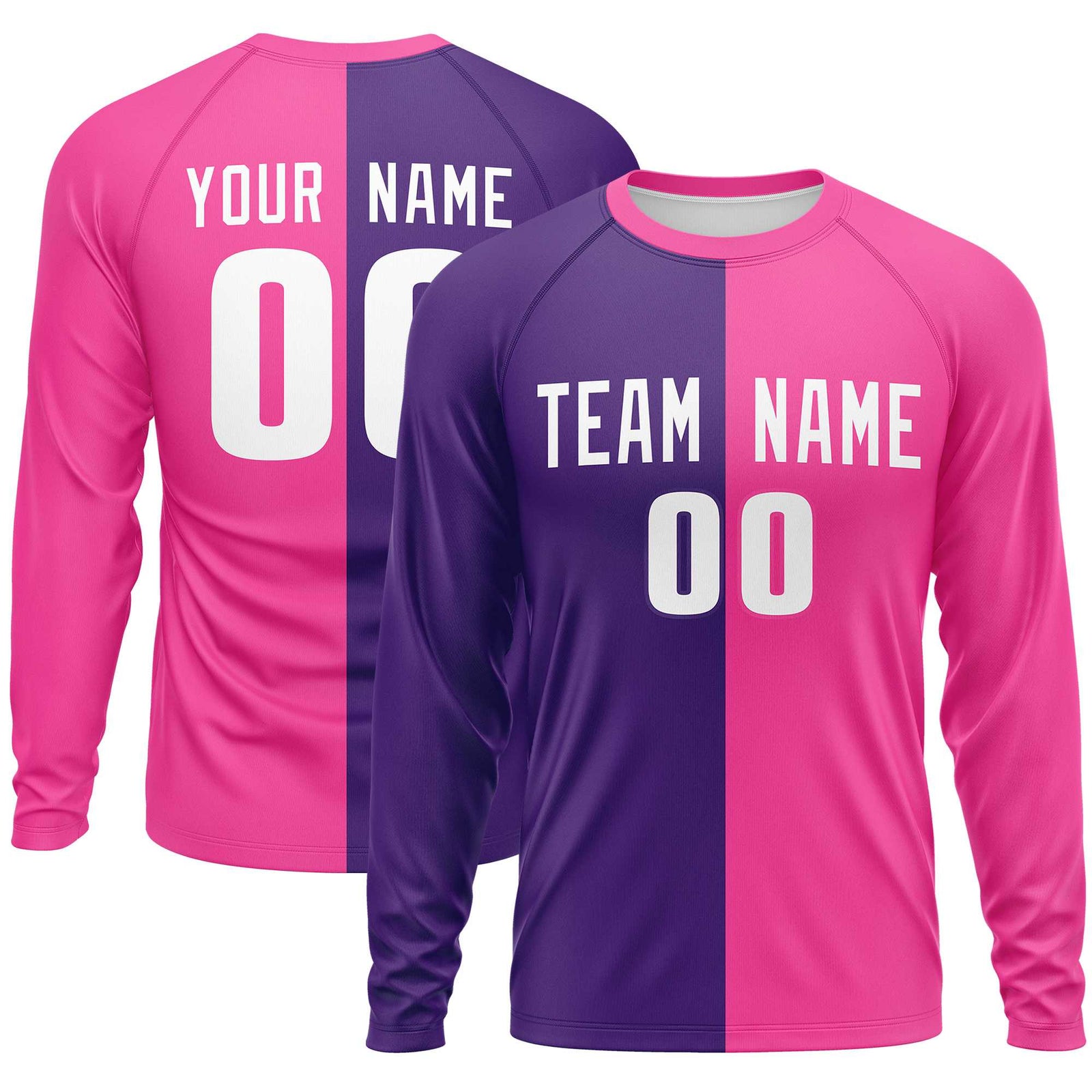 Custom Purple Pink Crew Neck Split Design Long Sleeve Performance T-Shirt