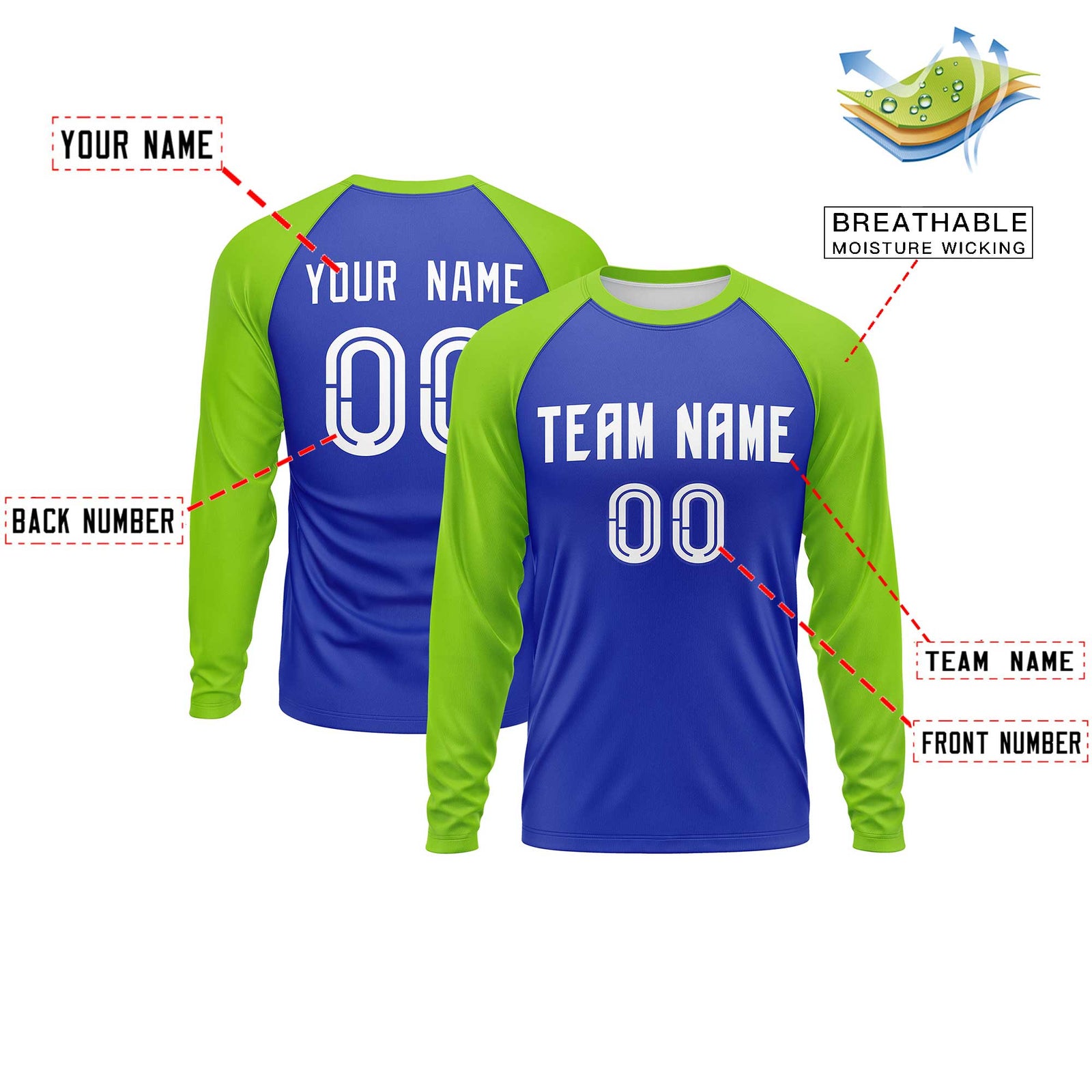 Custom Royal Neon Green Crew Neck Split Design Long Sleeve Performance T-Shirt