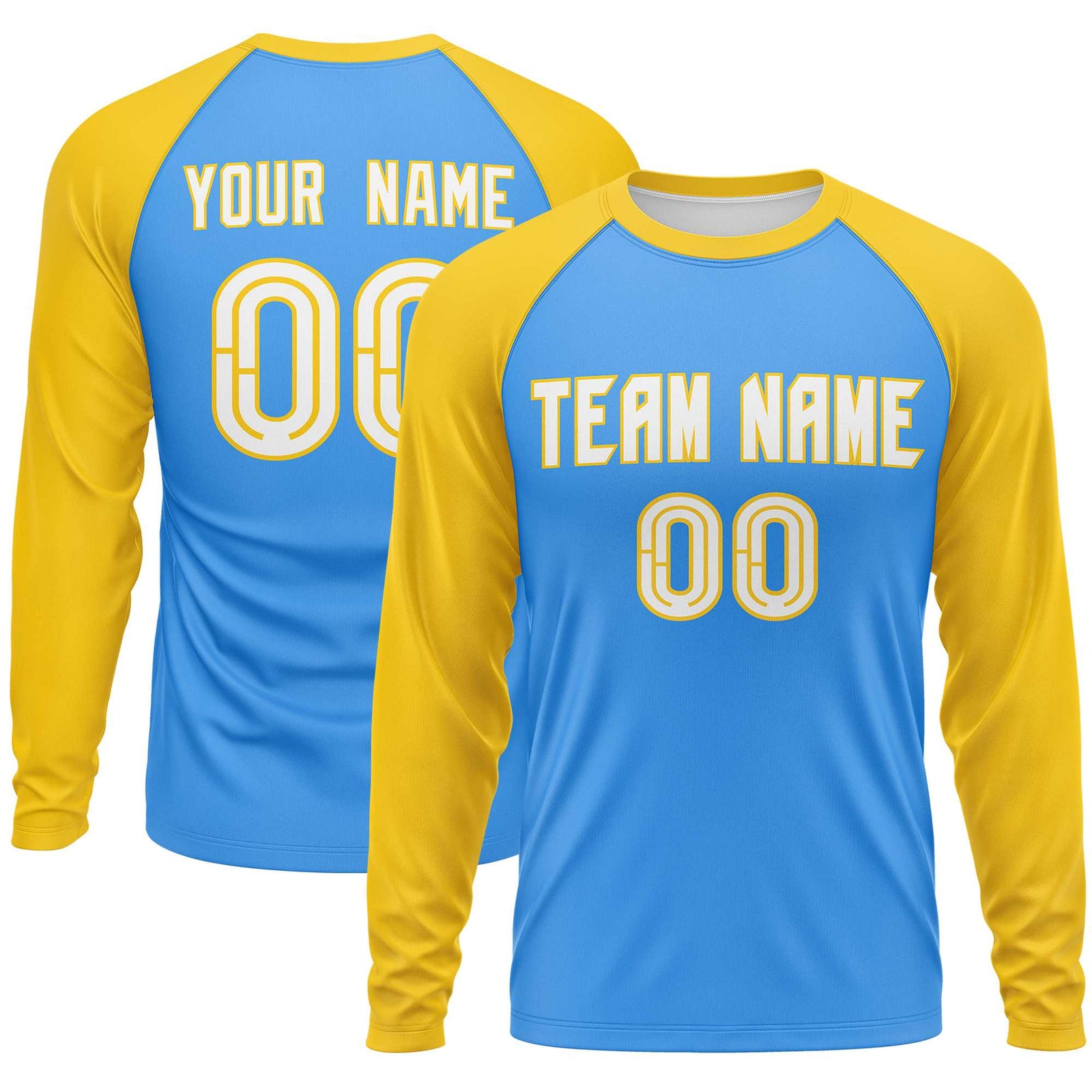 Custom Powder Blue Gold Crew Neck Split Design Long Sleeve Performance T-Shirt
