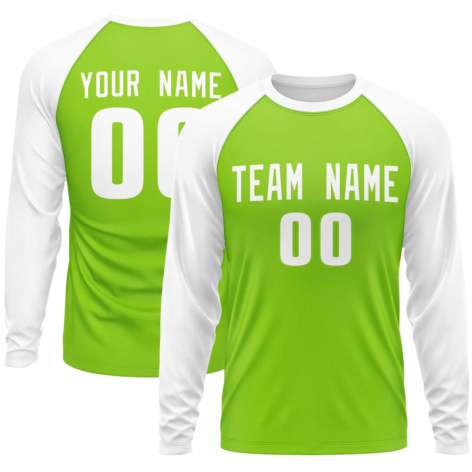 Custom Neon Green White Crew Neck Raglan Long Sleeve Performance T-Shirt