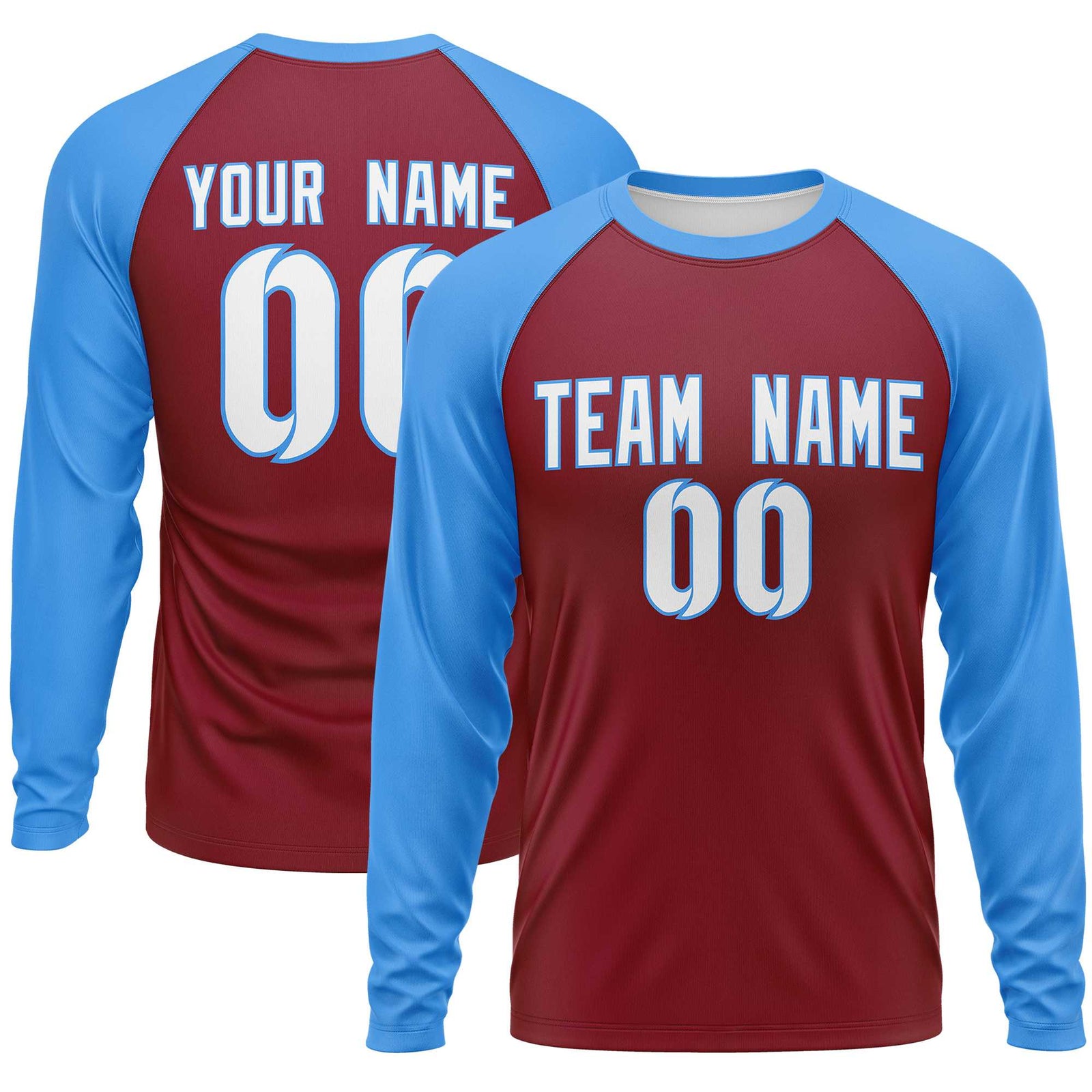 Custom Crimson Powder Blue Crew Neck Split Design Long Sleeve Performance T-Shirt