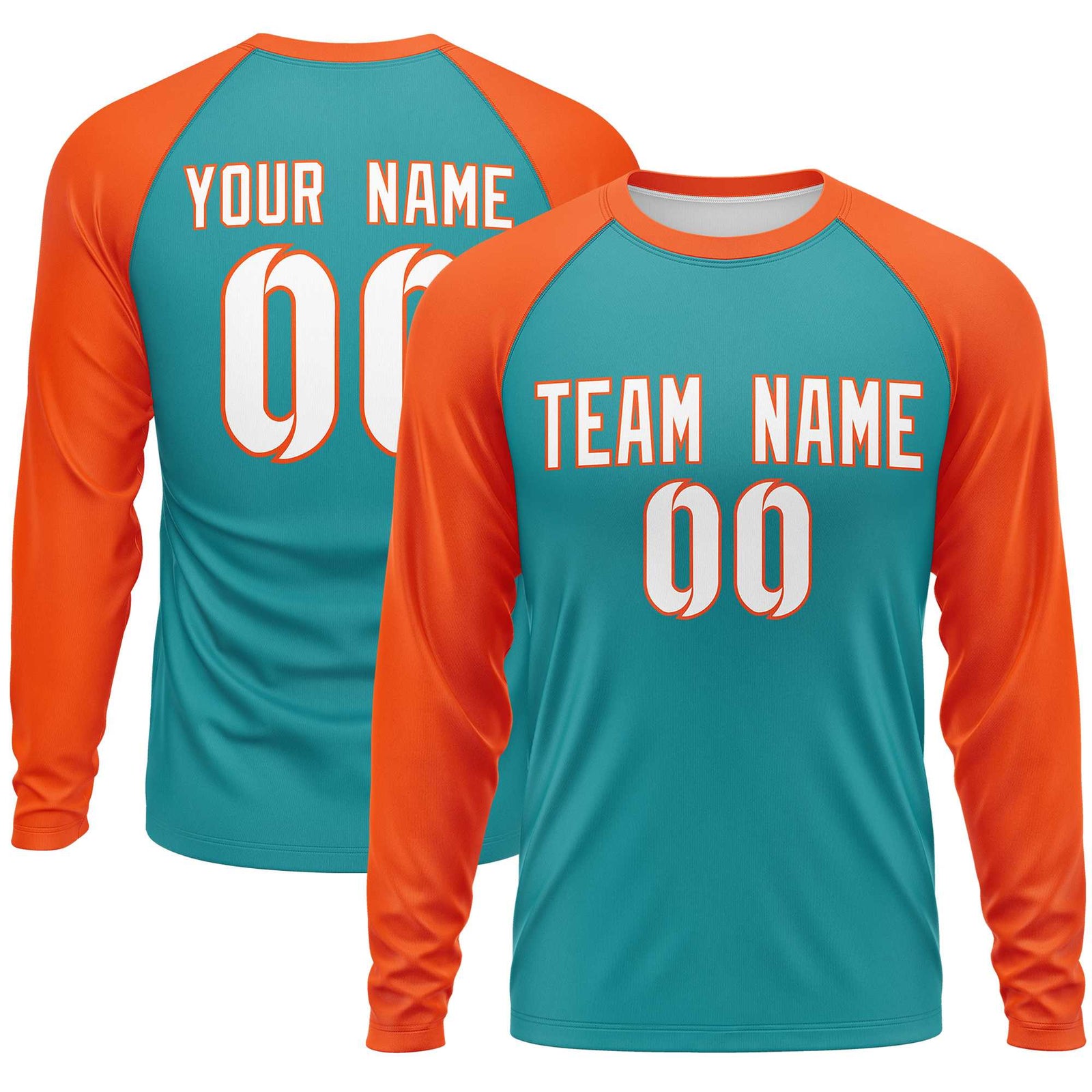 Custom Aqua Orange Crew Neck Split Design Long Sleeve Performance T-Shirt