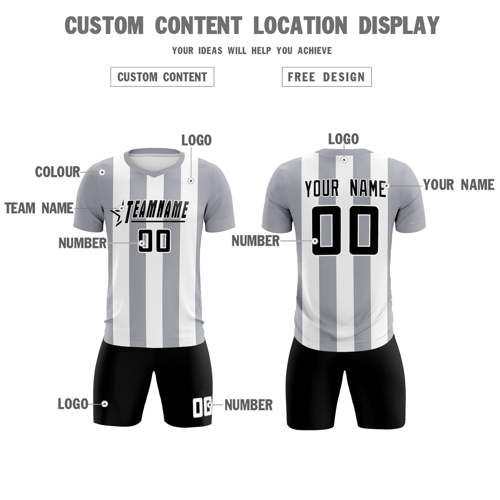 Custom White Gray Vertical Stripes Casual Outdoor Soccer Sets Jersey