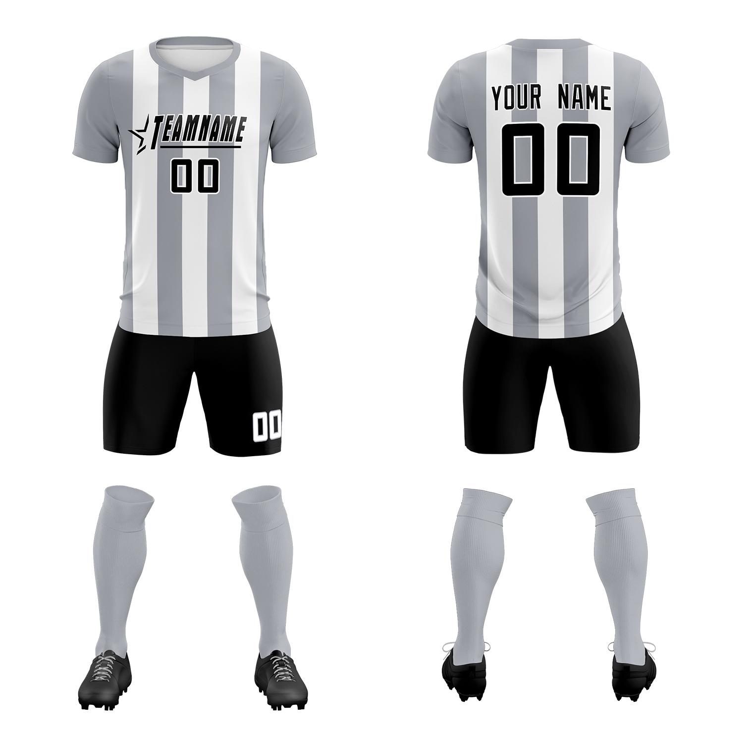 Custom White Gray Vertical Stripes Casual Outdoor Soccer Sets Jersey