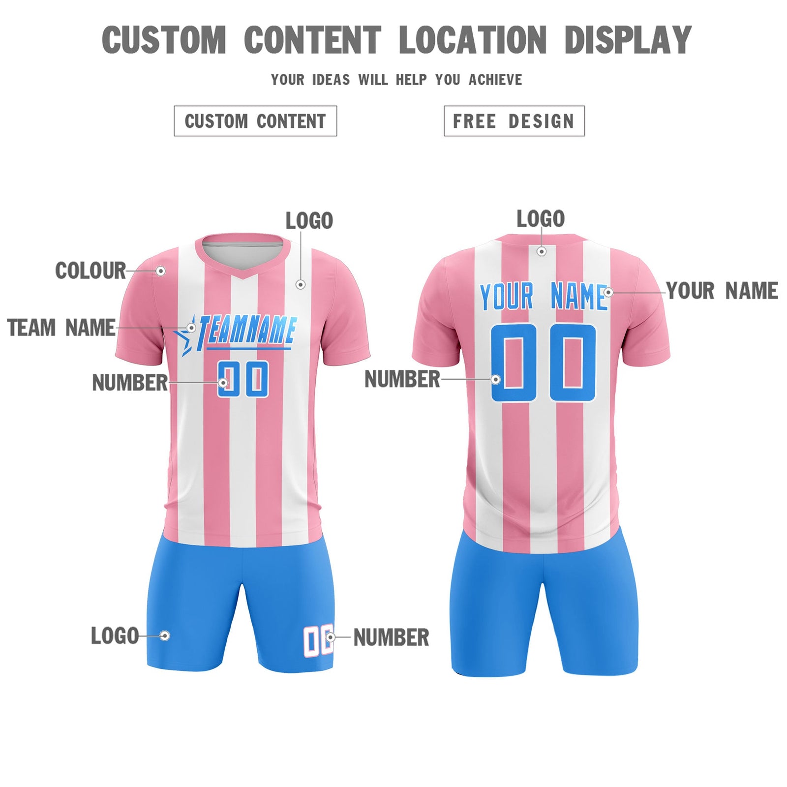 Custom White Light Pink Vertical Stripes Casual Outdoor Soccer Sets Jersey