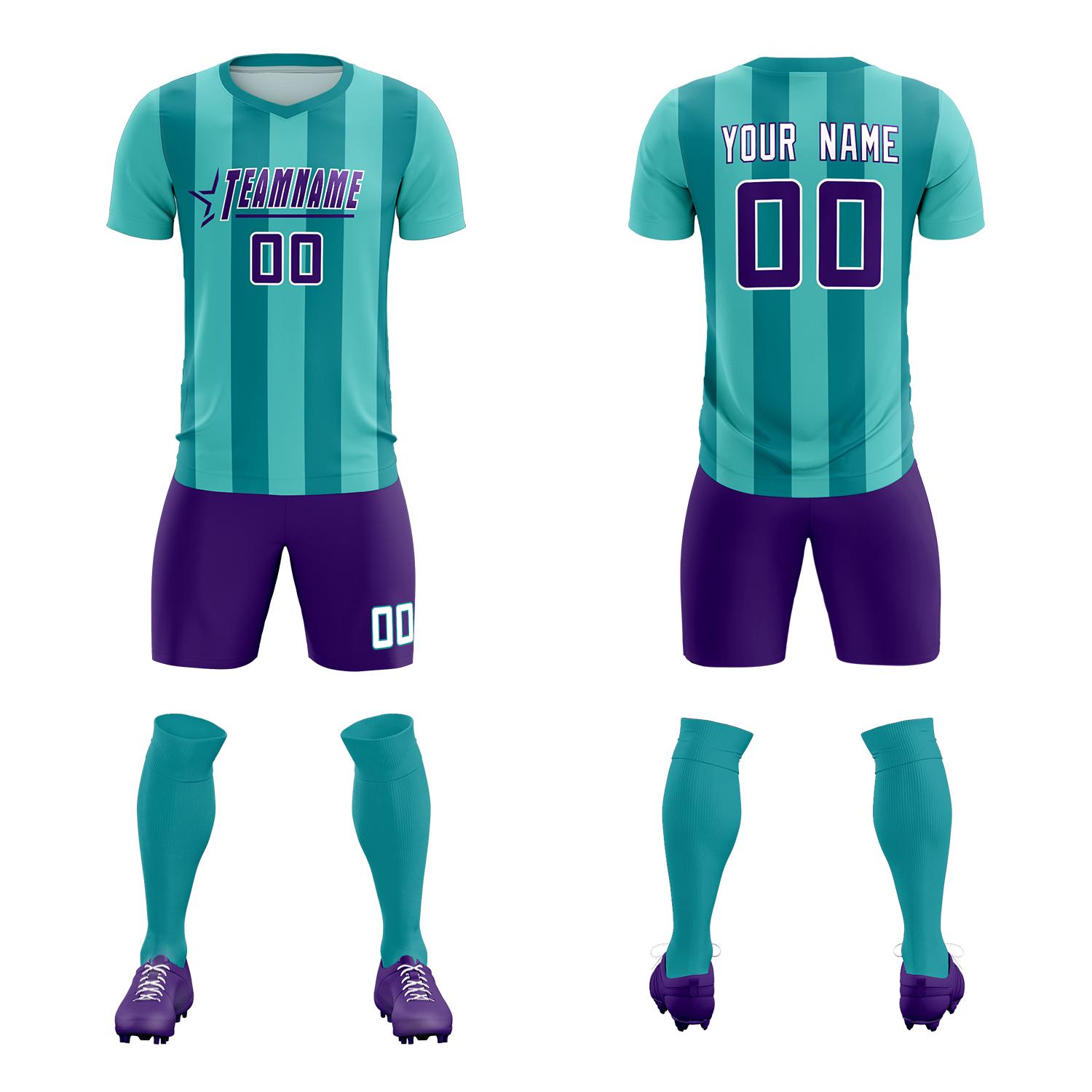 Custom Bright Green Aqua Vertical Stripes Casual Outdoor Soccer Sets Jersey