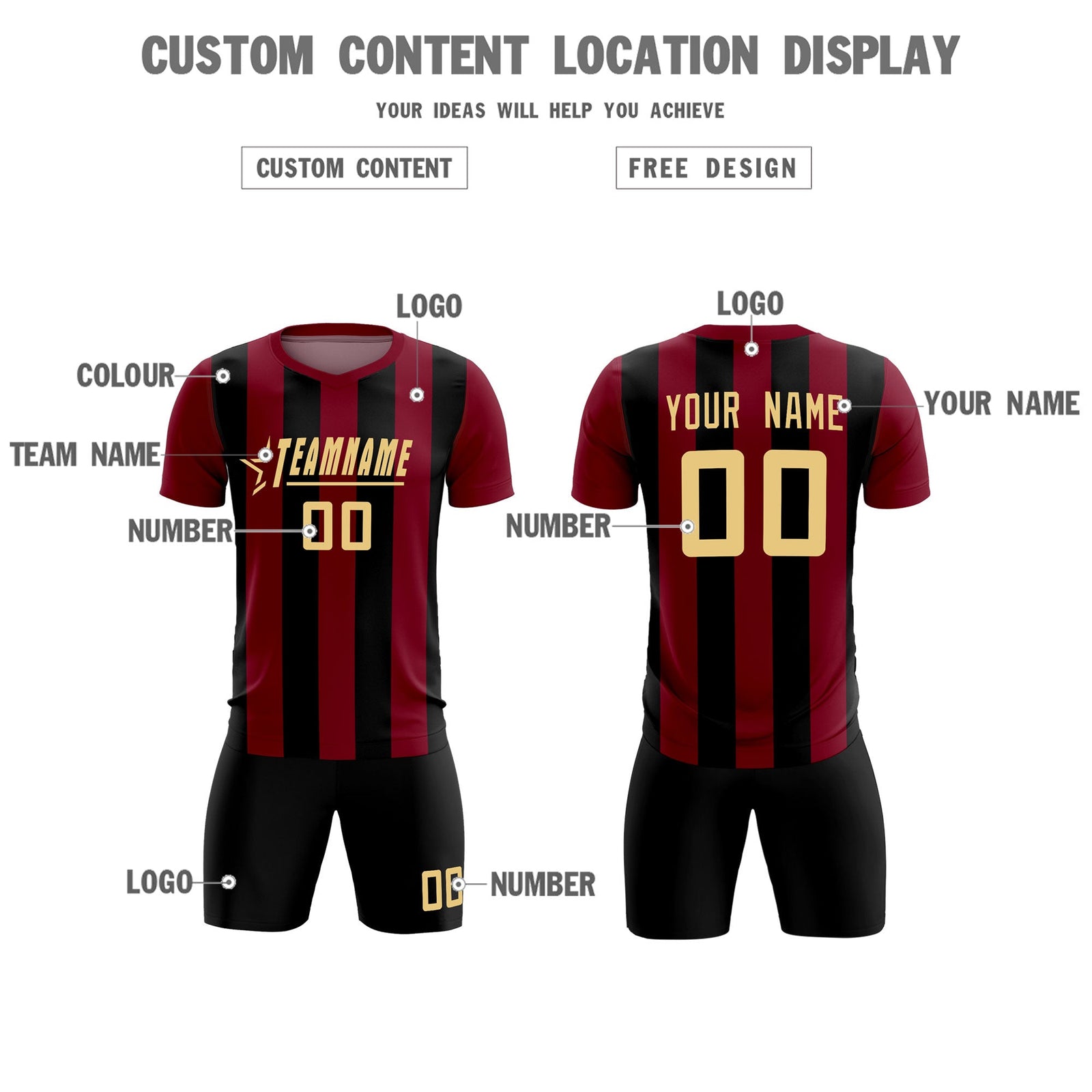 Custom Crimson Black Vertical Stripes Casual Outdoor Soccer Sets Jersey