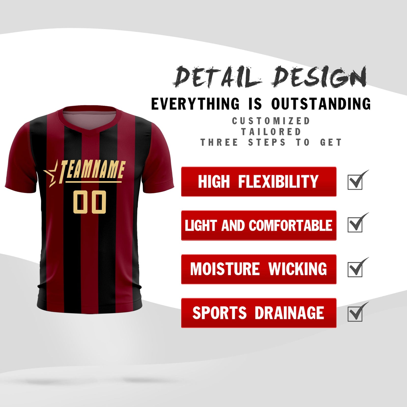Custom Crimson Black Vertical Stripes Casual Outdoor Soccer Sets Jersey