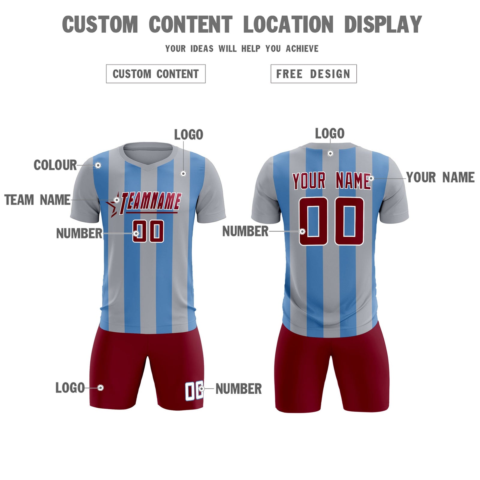 Custom Gray Light Blue Vertical Stripes Casual Outdoor Soccer Sets Jersey
