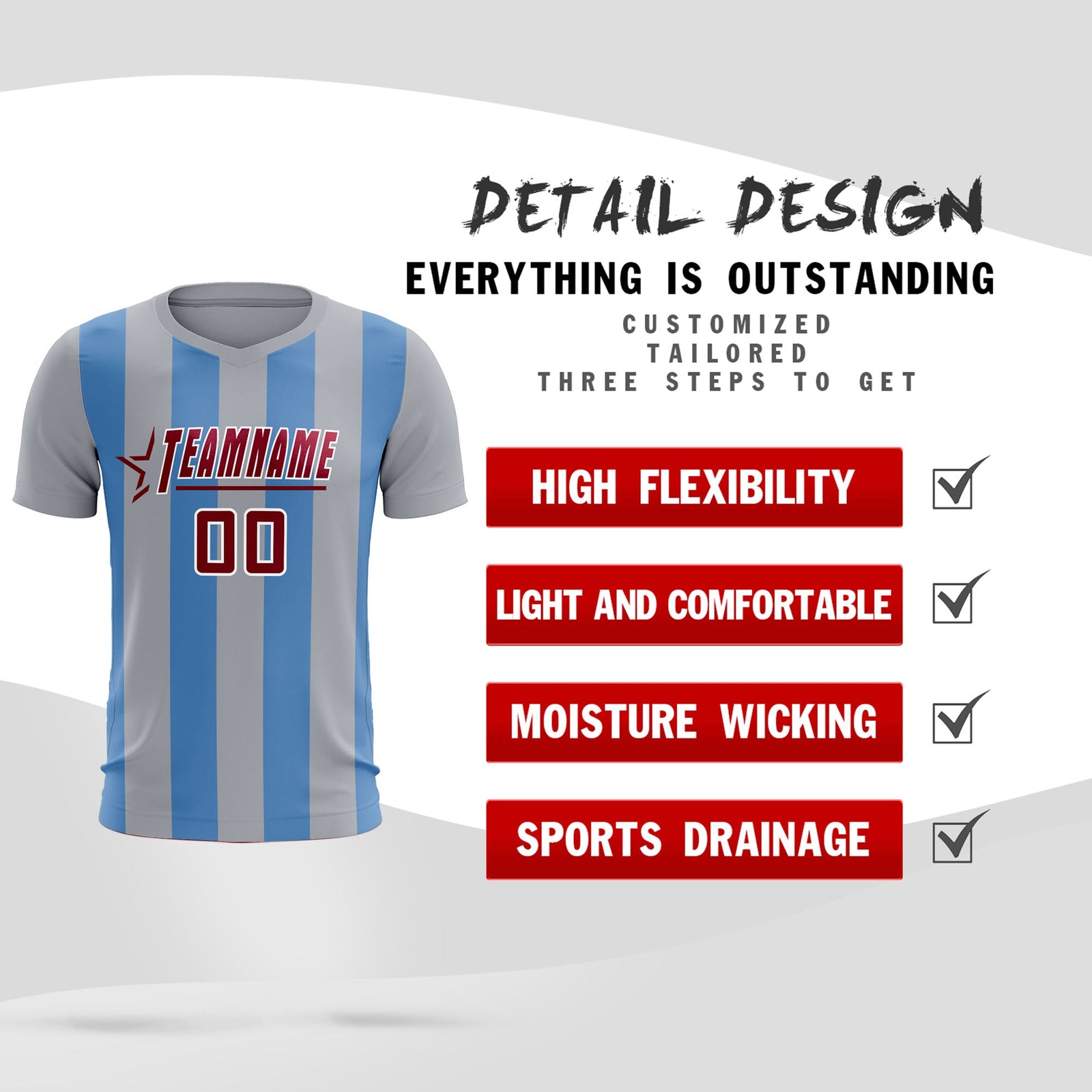 Custom Gray Light Blue Vertical Stripes Casual Outdoor Soccer Sets Jersey