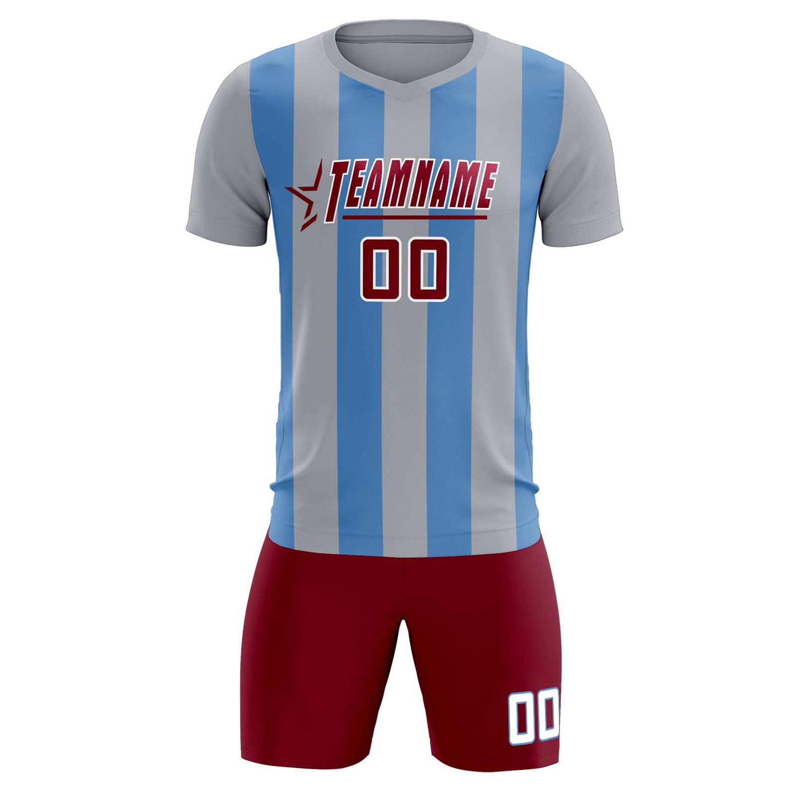 Custom Gray Light Blue Vertical Stripes Casual Outdoor Soccer Sets Jersey