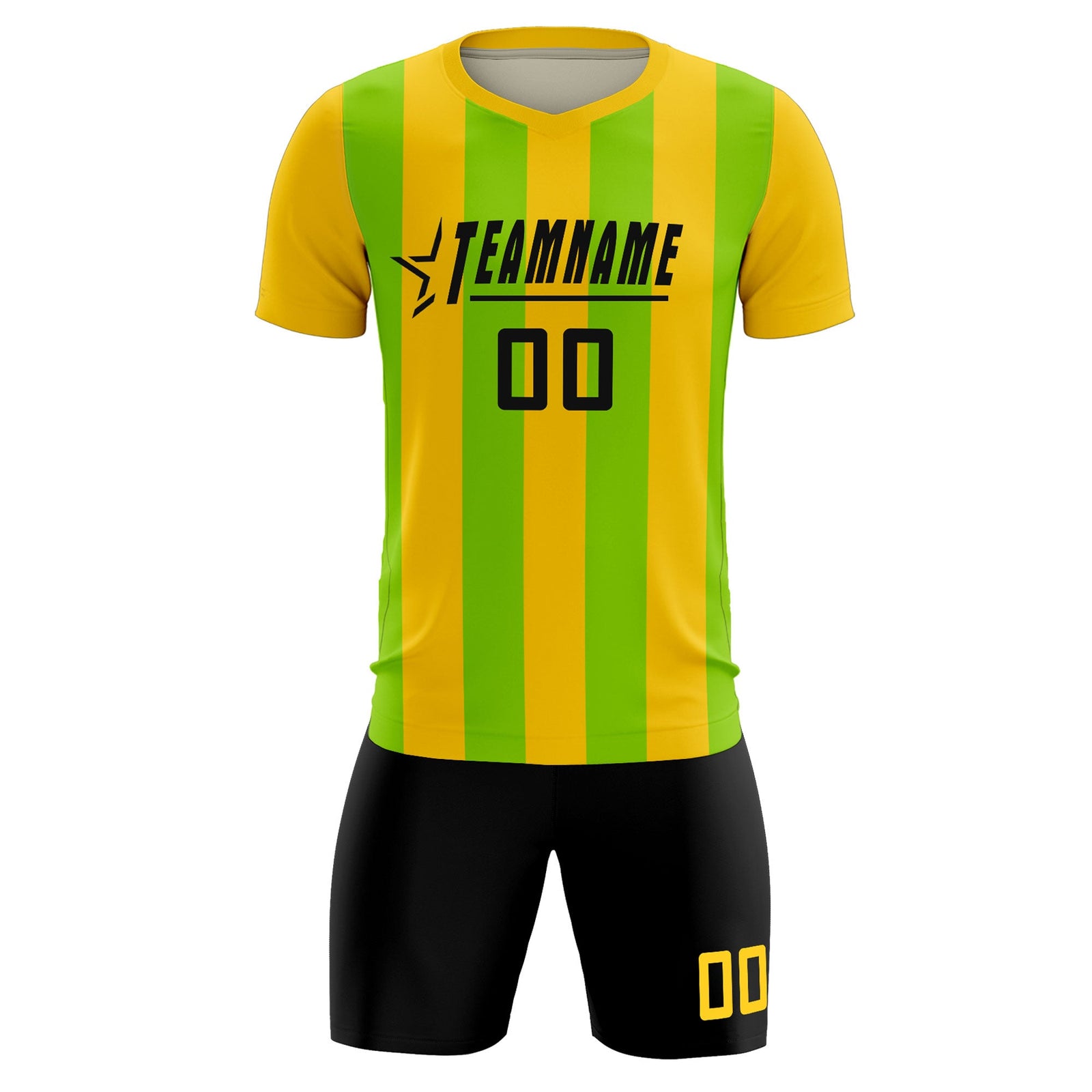 Custom Gold Neon Green Vertical Stripes Casual Outdoor Soccer Sets Jersey