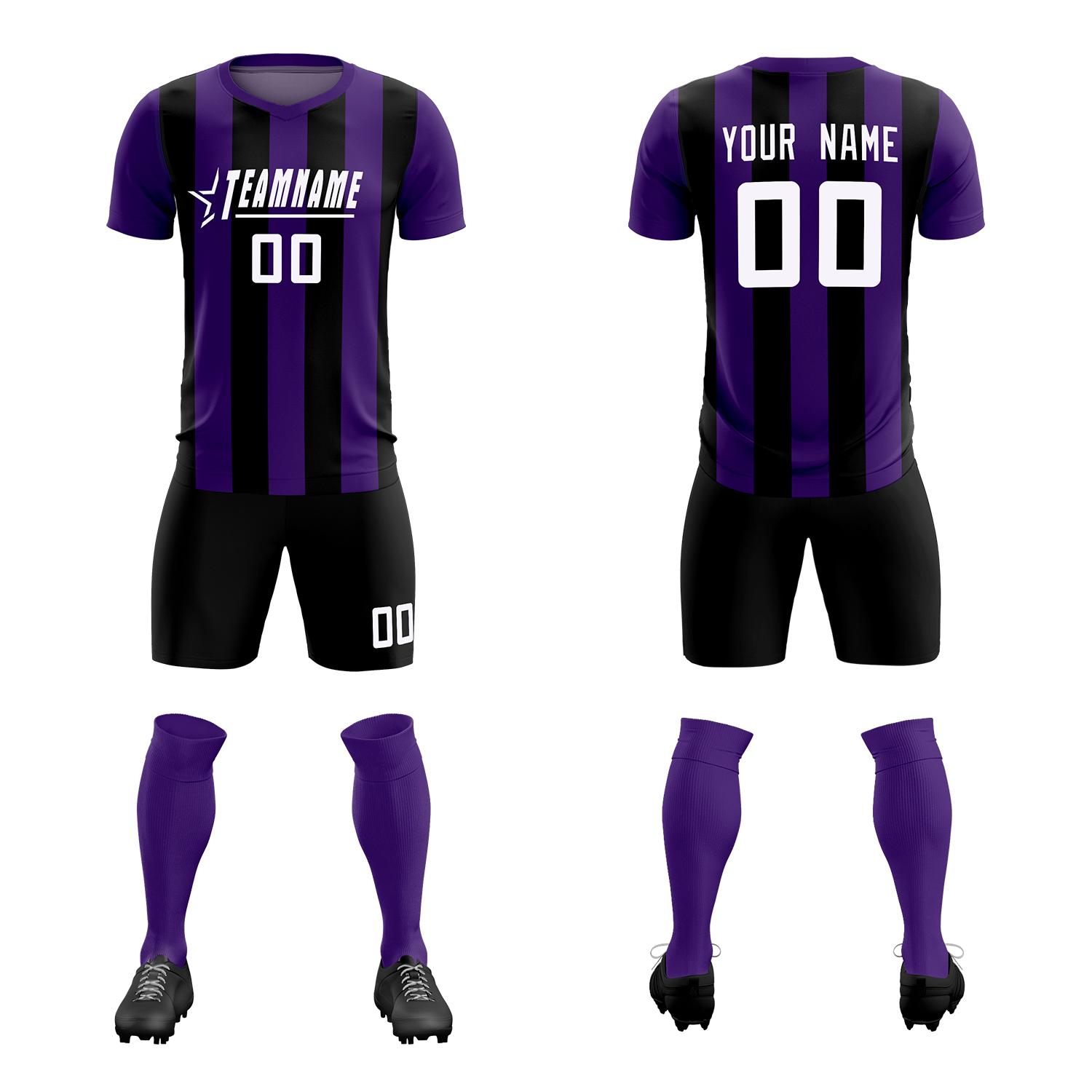 Custom Purple Black Vertical Stripes Casual Outdoor Soccer Sets Jersey