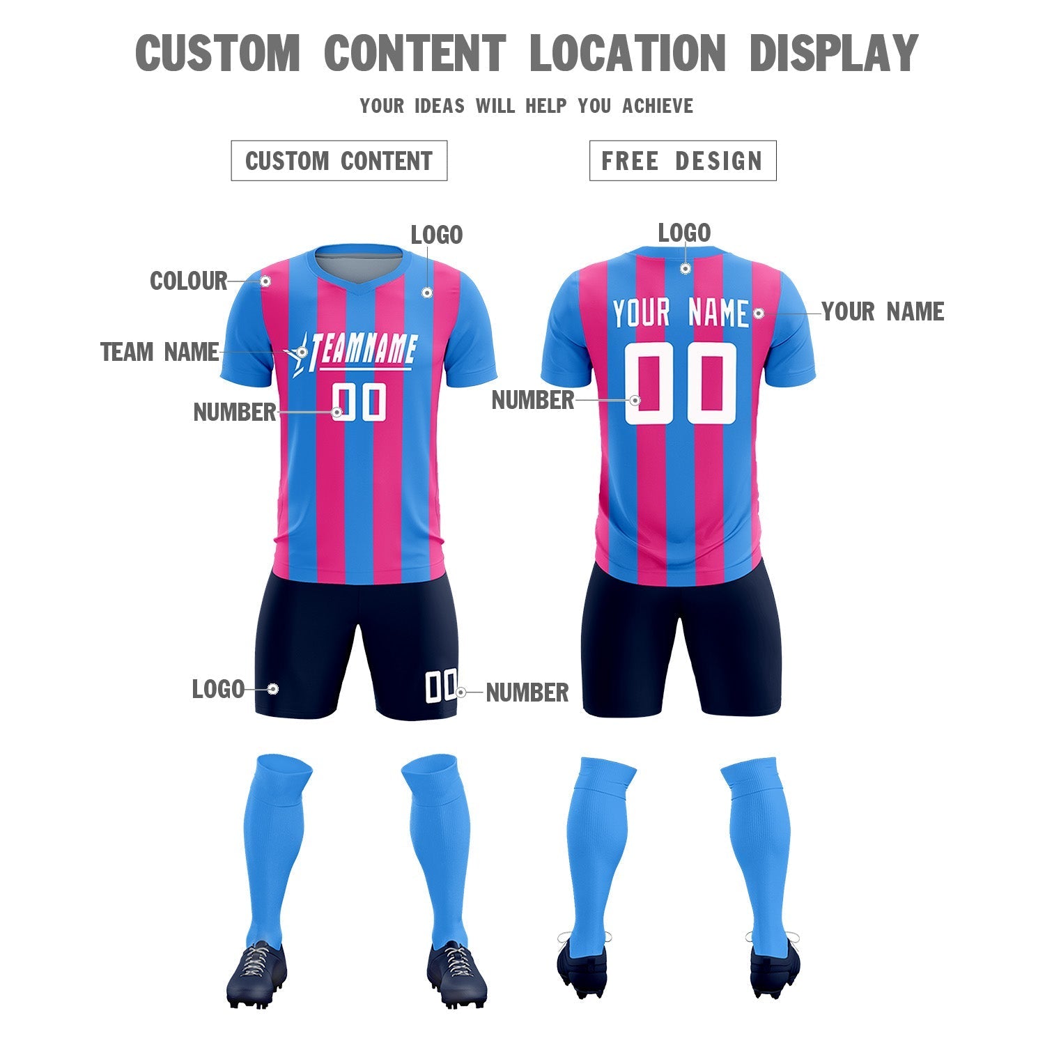 Custom Powder Blue Pink Vertical Stripes Casual Outdoor Soccer Sets Jersey