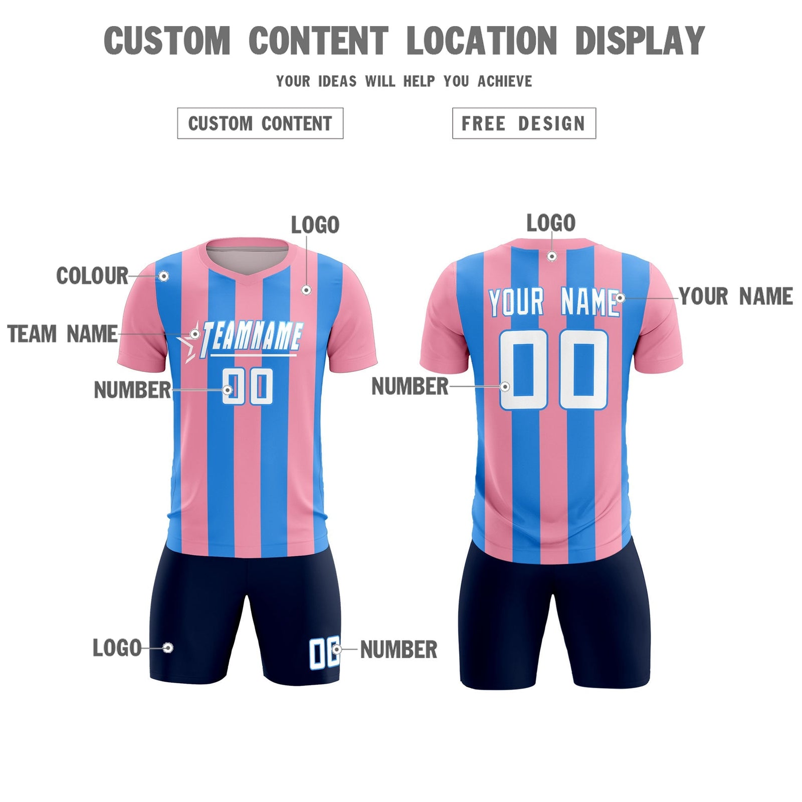 Custom Light Pink Powder Blue Vertical Stripes Casual Outdoor Soccer Sets Jersey