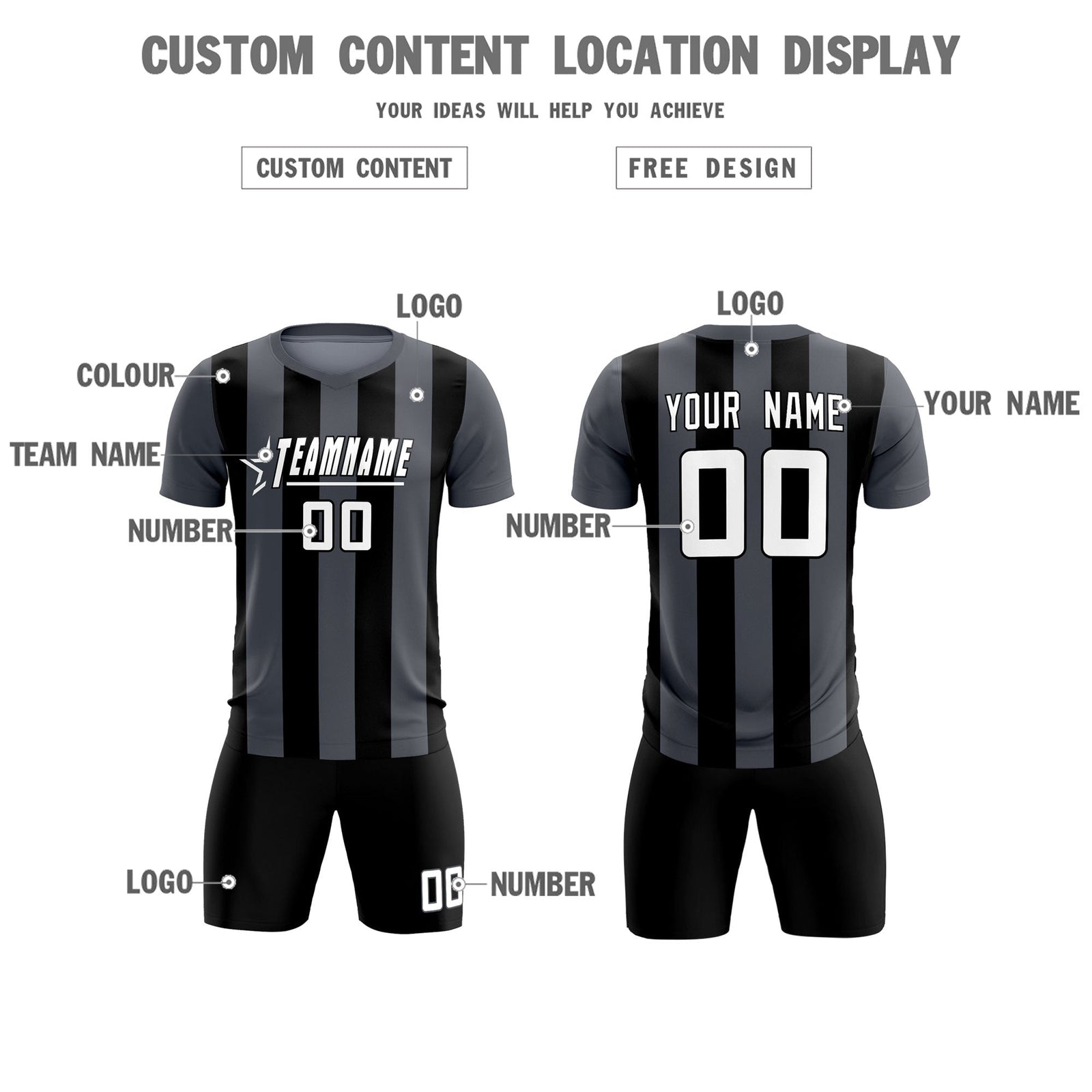 Custom Dark Gray Black Vertical Stripes Casual Outdoor Soccer Sets Jersey