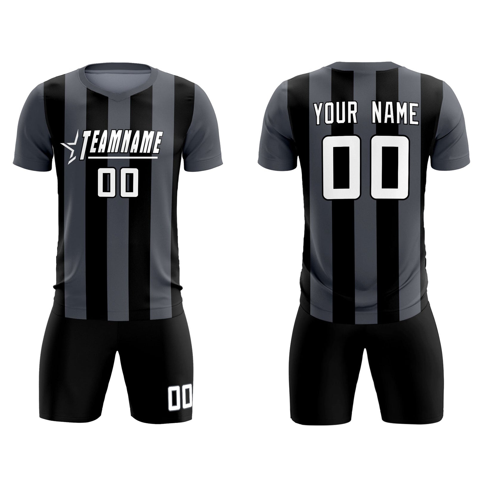 Custom Dark Gray Black Vertical Stripes Casual Outdoor Soccer Sets Jersey