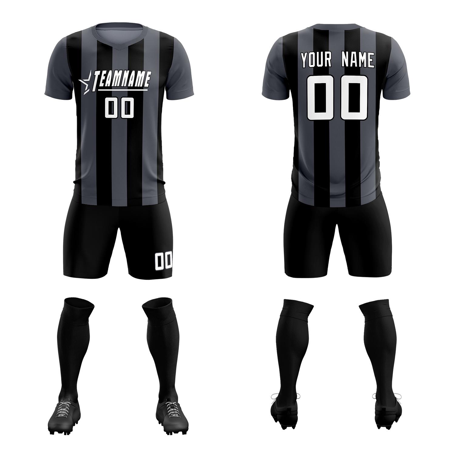 Custom Dark Gray Black Vertical Stripes Casual Outdoor Soccer Sets Jersey