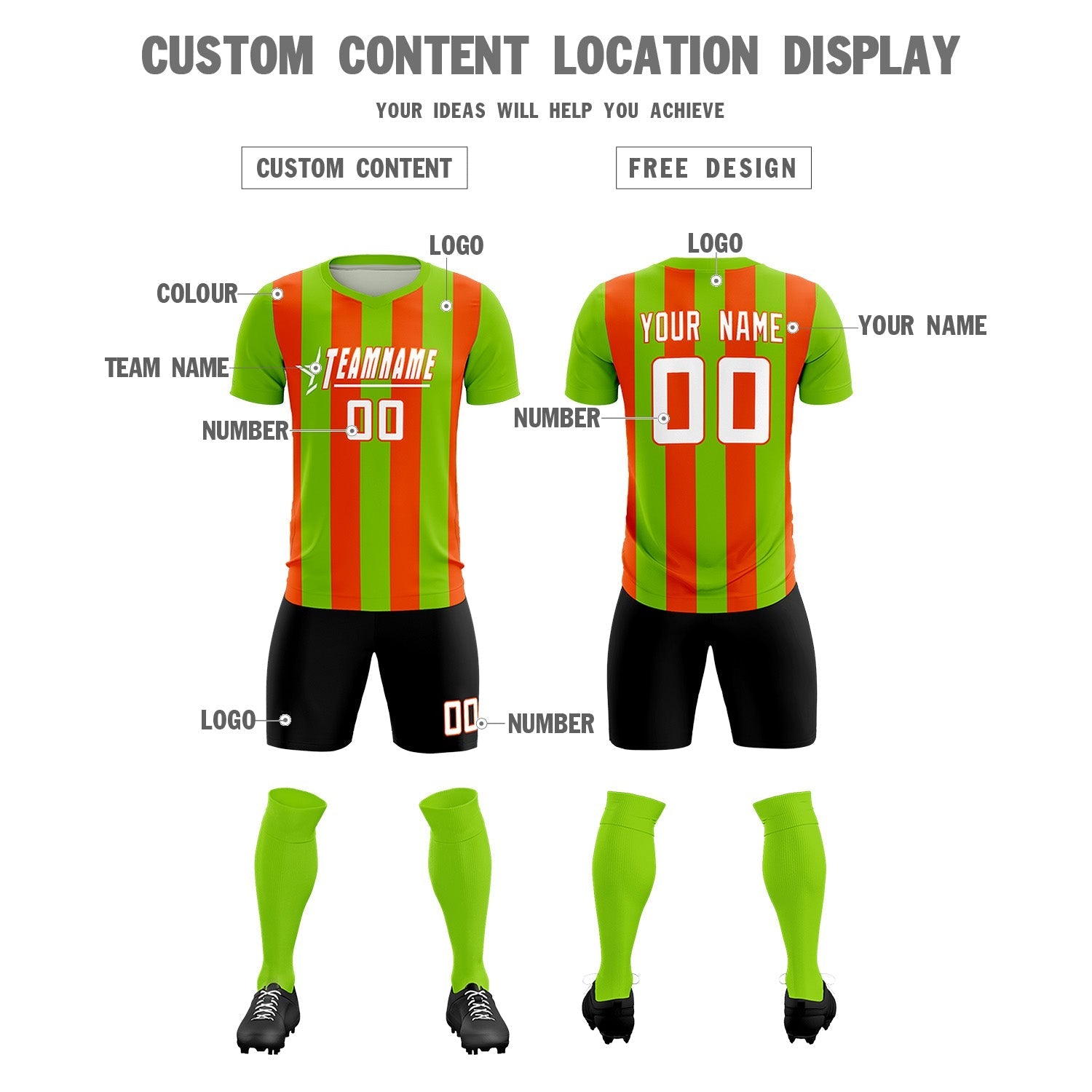 Custom Neon Green Orange Vertical Stripes Casual Outdoor Soccer Sets Jersey