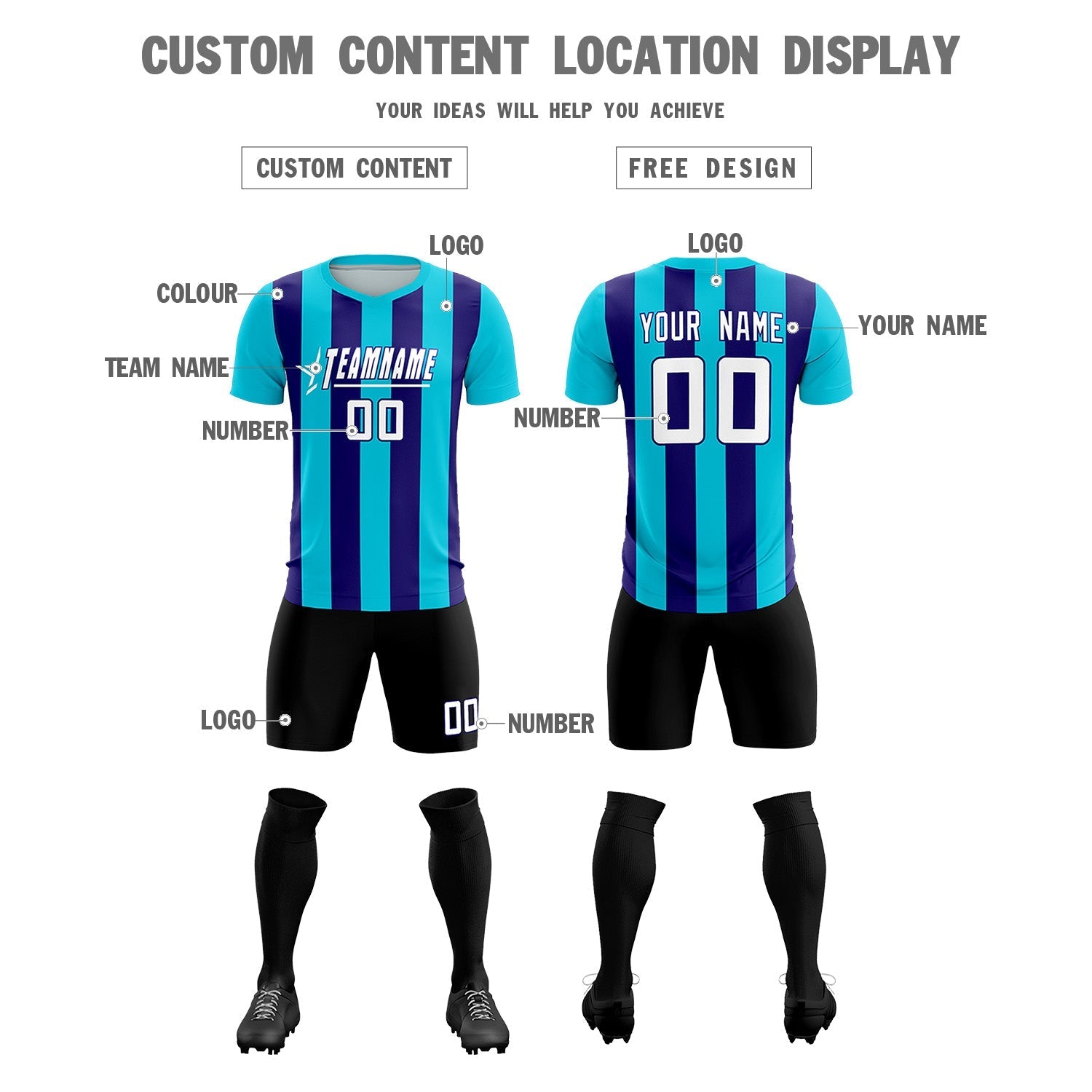 Custom Sky Blue Royal Vertical Stripes Casual Outdoor Soccer Sets Jersey
