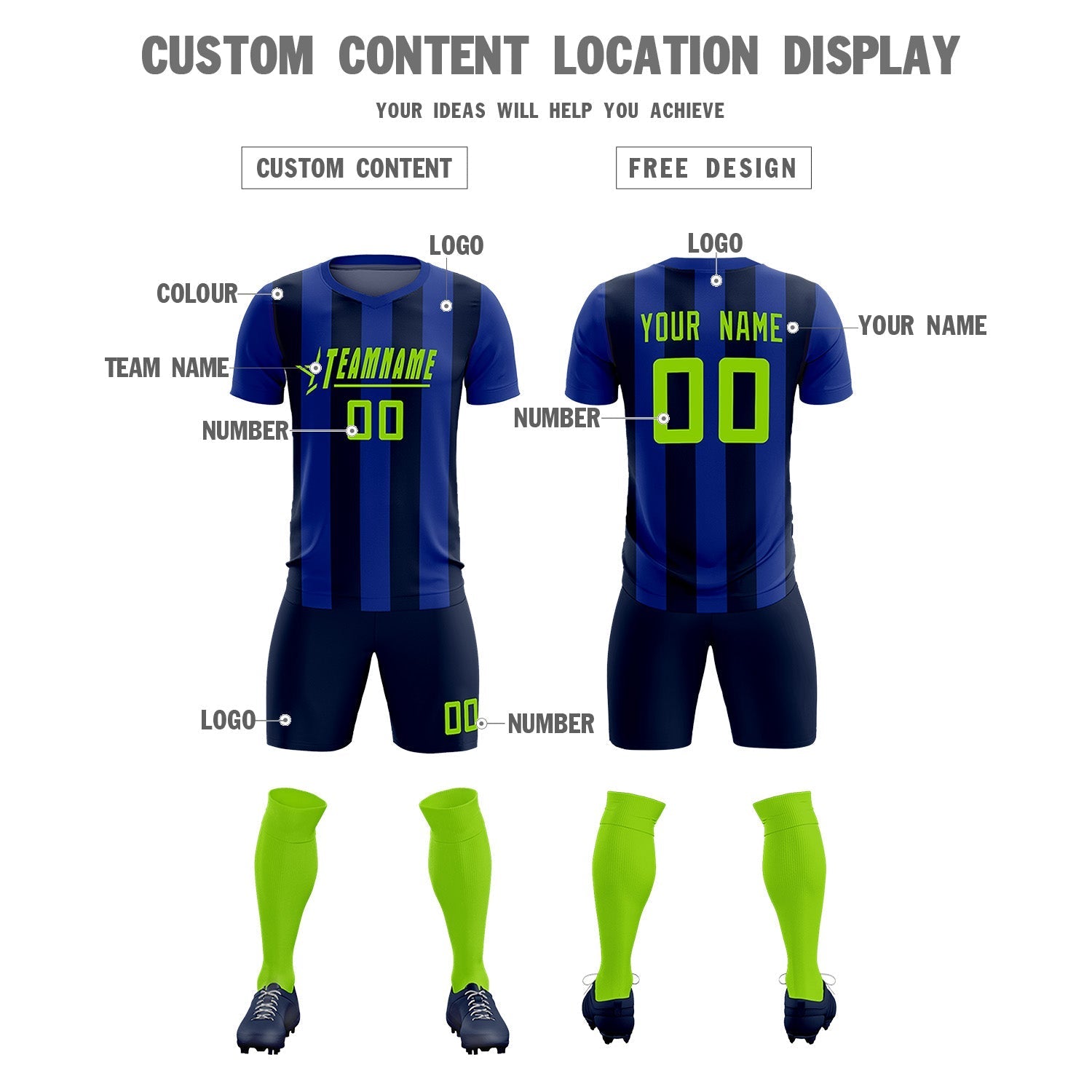 Custom Royal Navy Vertical Stripes Casual Outdoor Soccer Sets Jersey