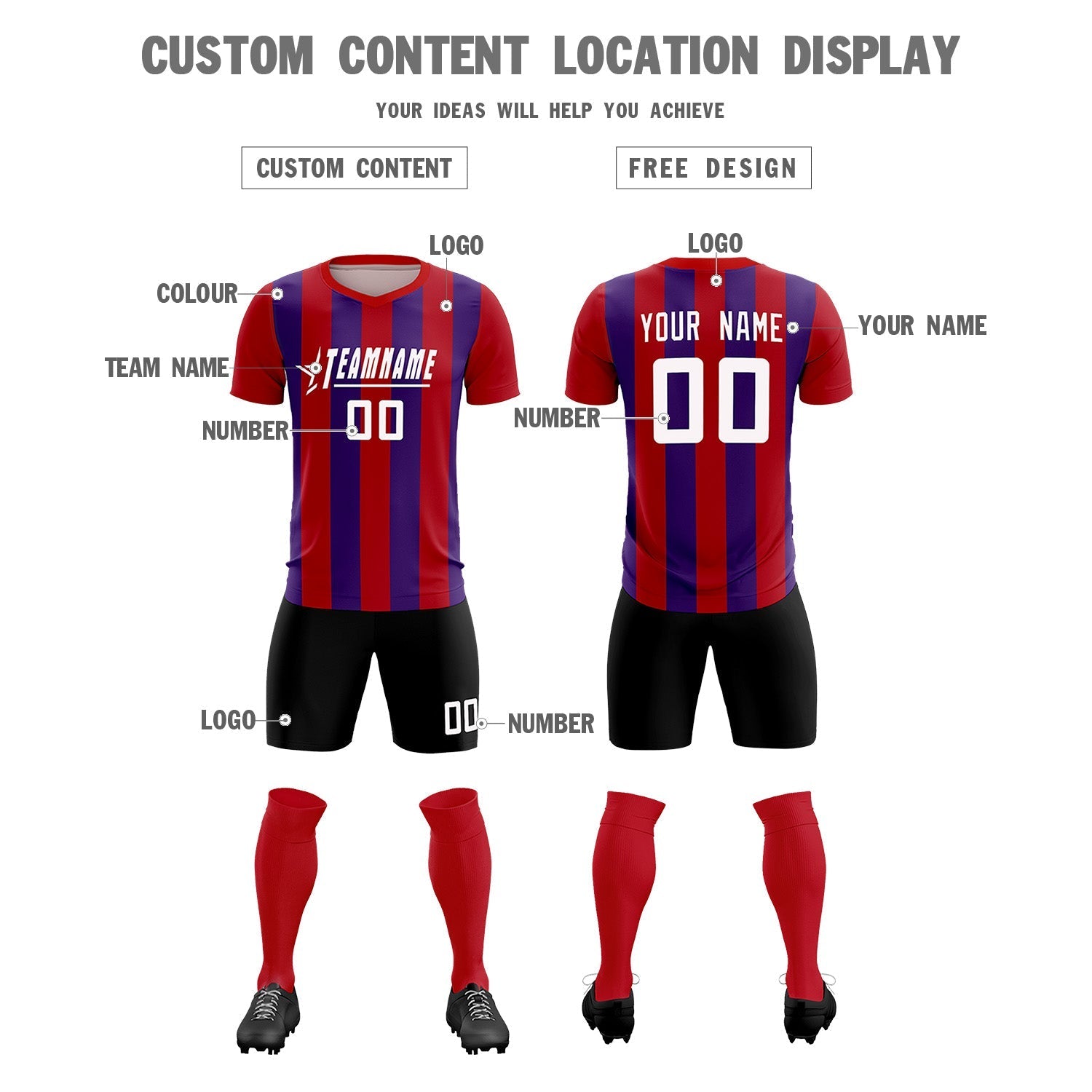 Custom Red Purple Vertical Stripes Casual Outdoor Soccer Sets Jersey