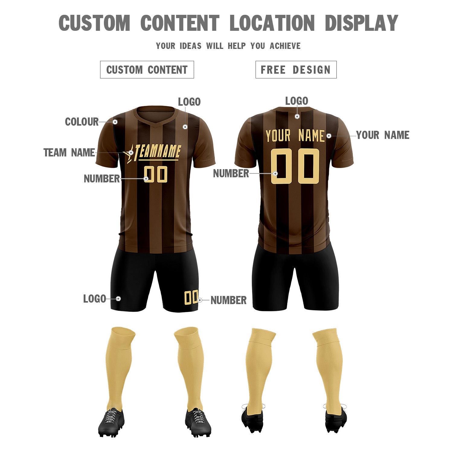 Custom Light Brown Brown Vertical Stripes Casual Outdoor Soccer Sets Jersey