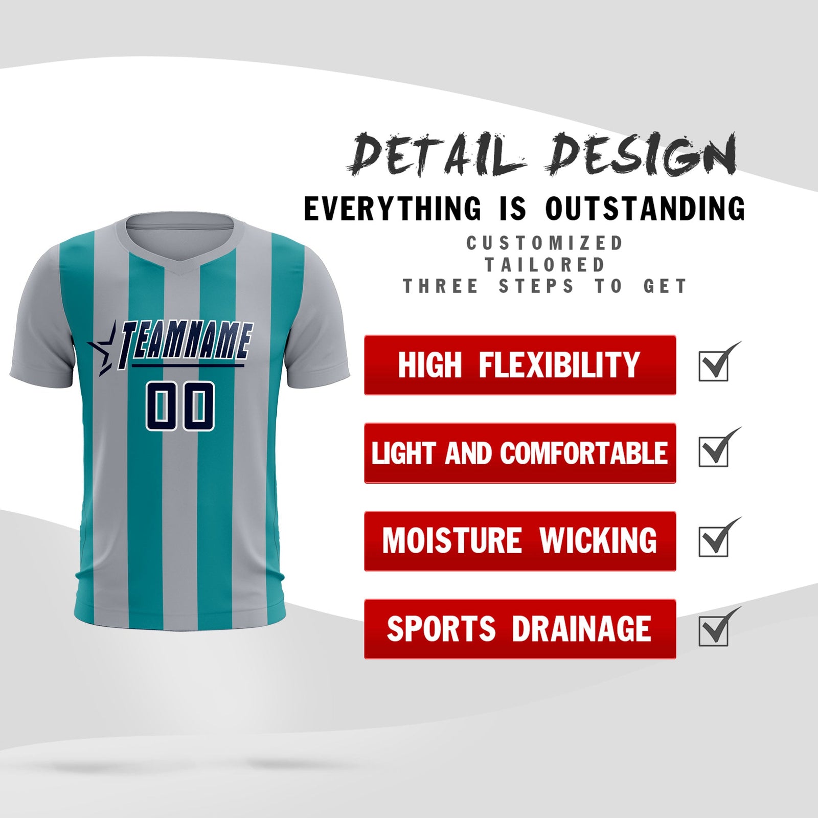 Custom Gray Aqua Vertical Stripes Casual Outdoor Soccer Sets Jersey