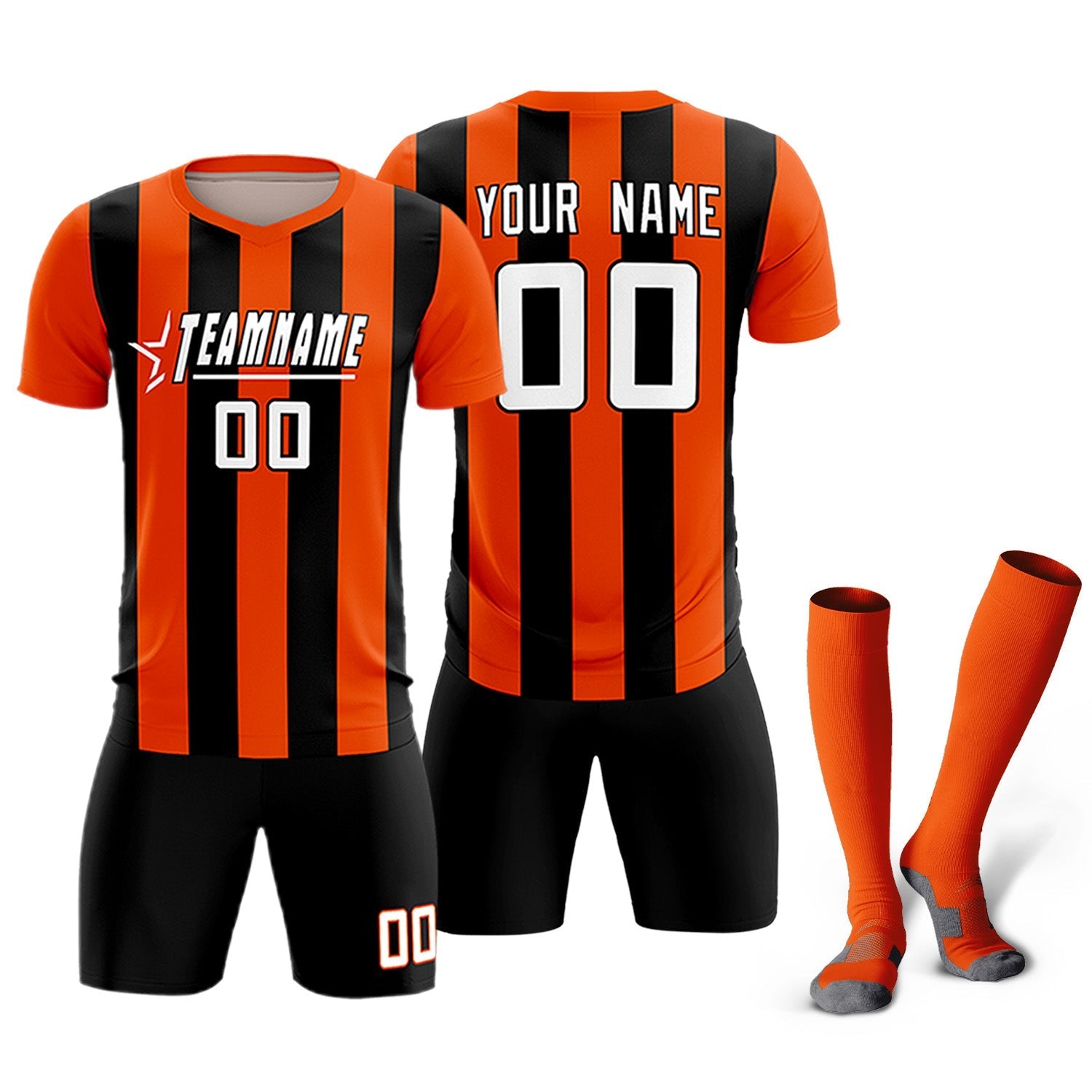 Custom Orange Black Vertical Stripes Casual Outdoor Soccer Sets Jersey
