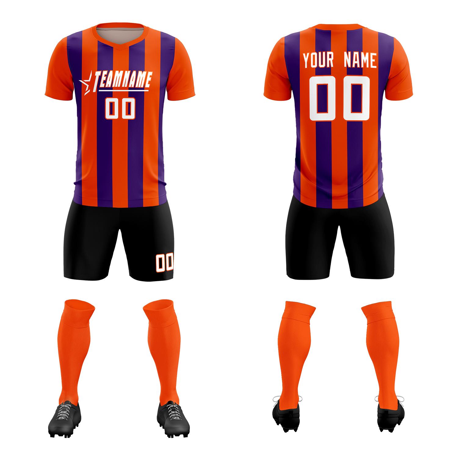 Custom Orange Purple Vertical Stripes Casual Outdoor Soccer Sets Jersey