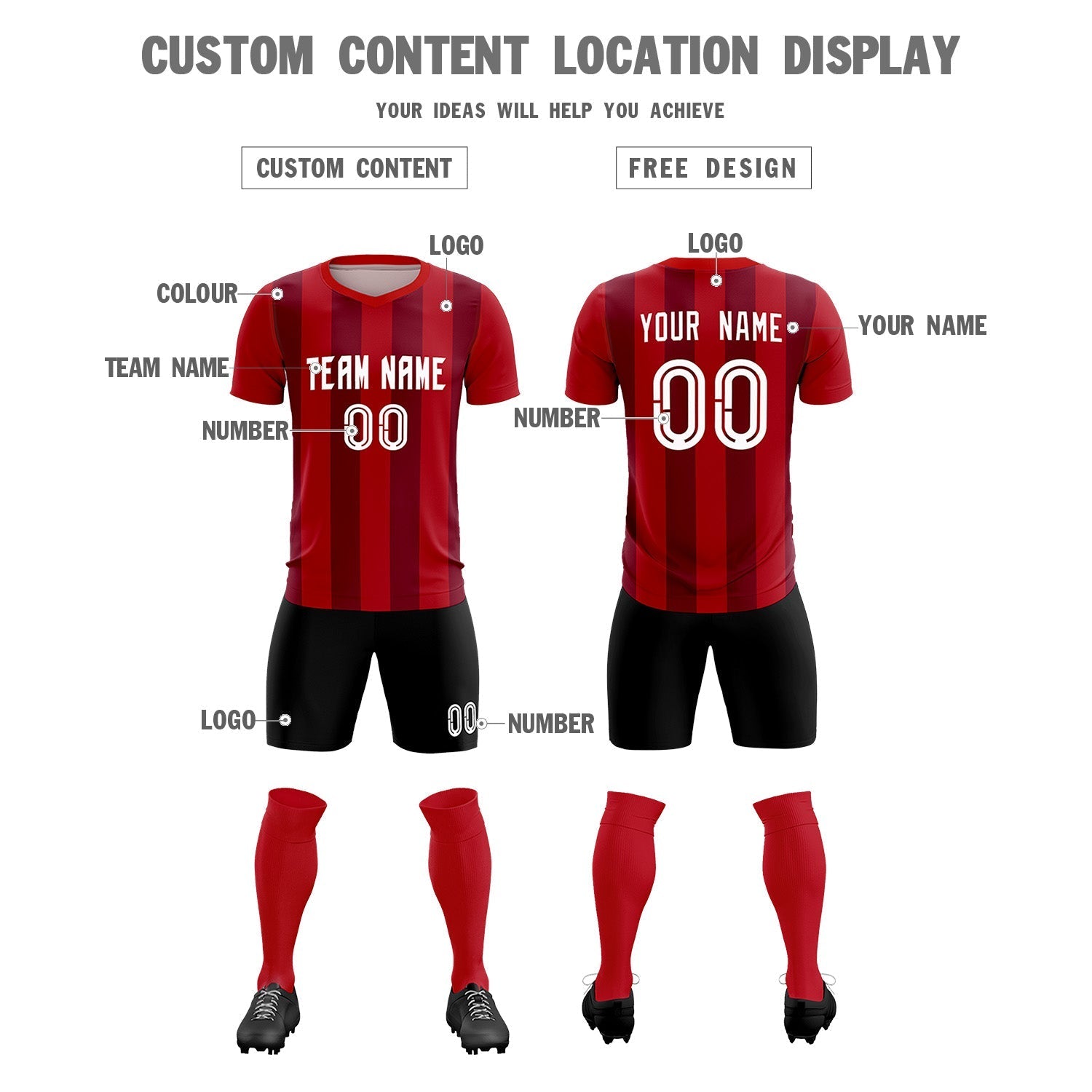 Custom Red Crimson Vertical Stripes Casual Outdoor Soccer Sets Jersey