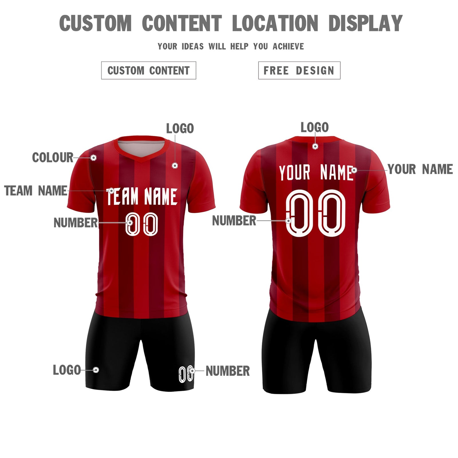 Custom Red Crimson Vertical Stripes Casual Outdoor Soccer Sets Jersey